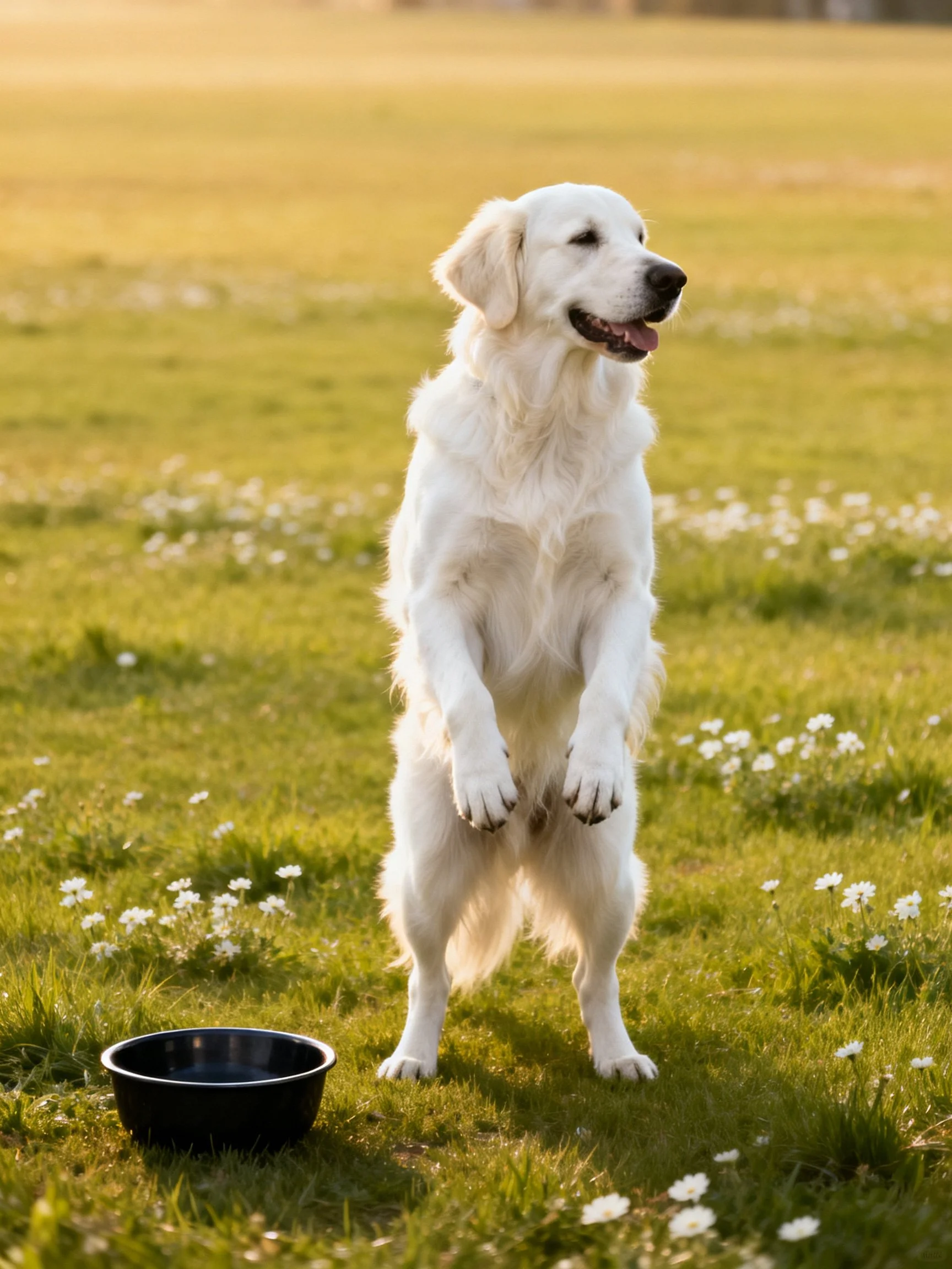 A white golden retriever stands on hind legs near a black bowl in a grassy field.
