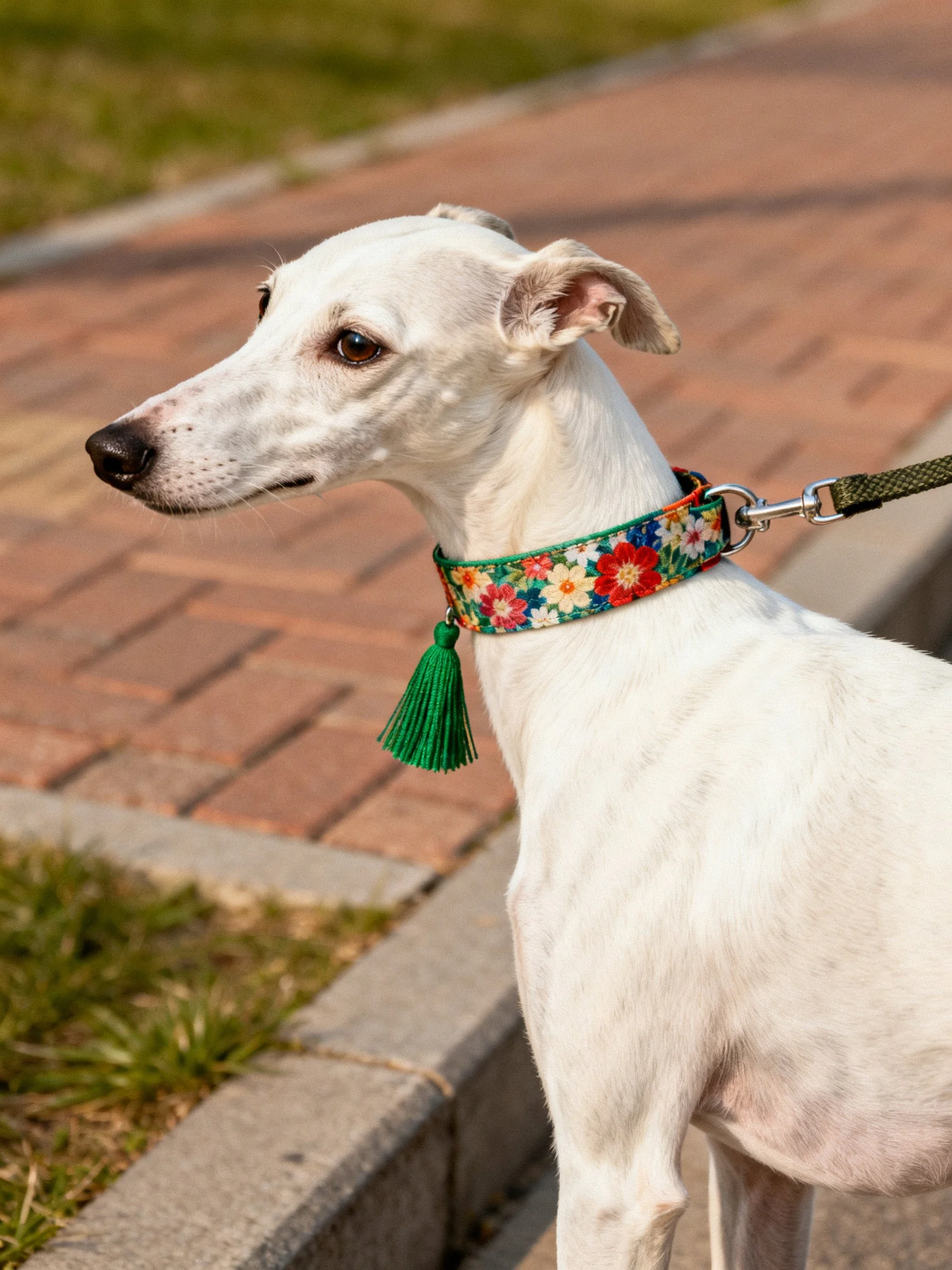 A white greyhound stands outdoors wearing a decorative floral collar.