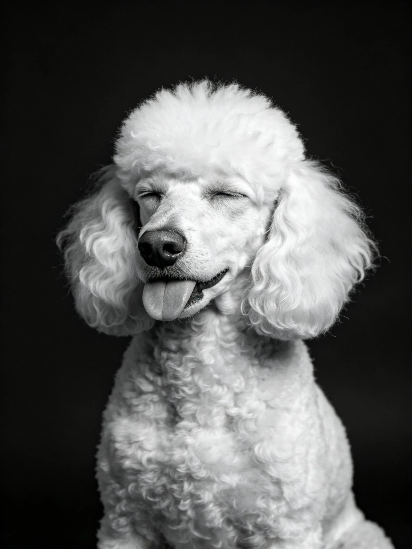 A white poodle with closed eyes and tongue out poses against a dark background