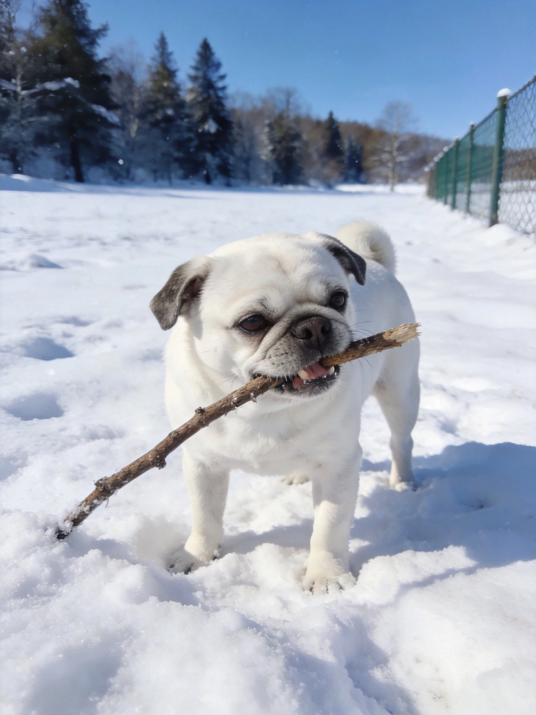 A white pug holds a stick while standing in snow.
