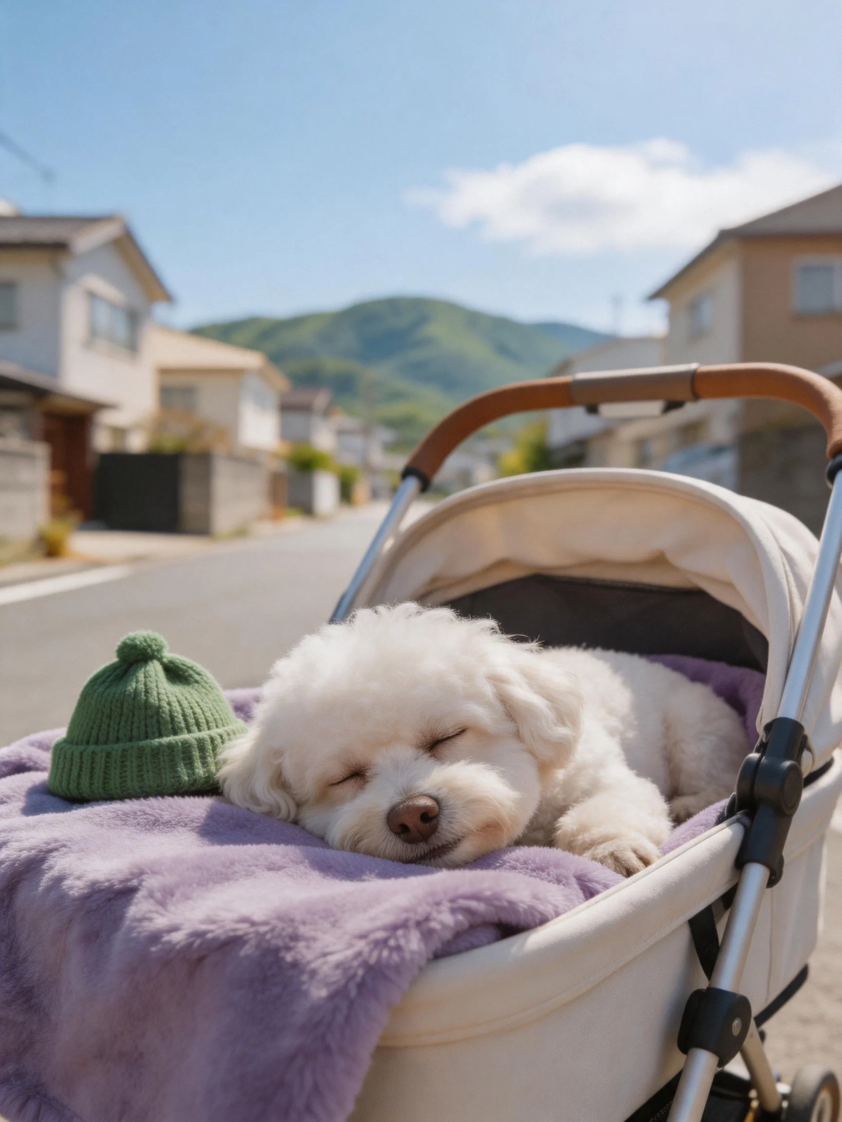 A white puppy sleeps peacefully in a stroller outside near houses and mountains.