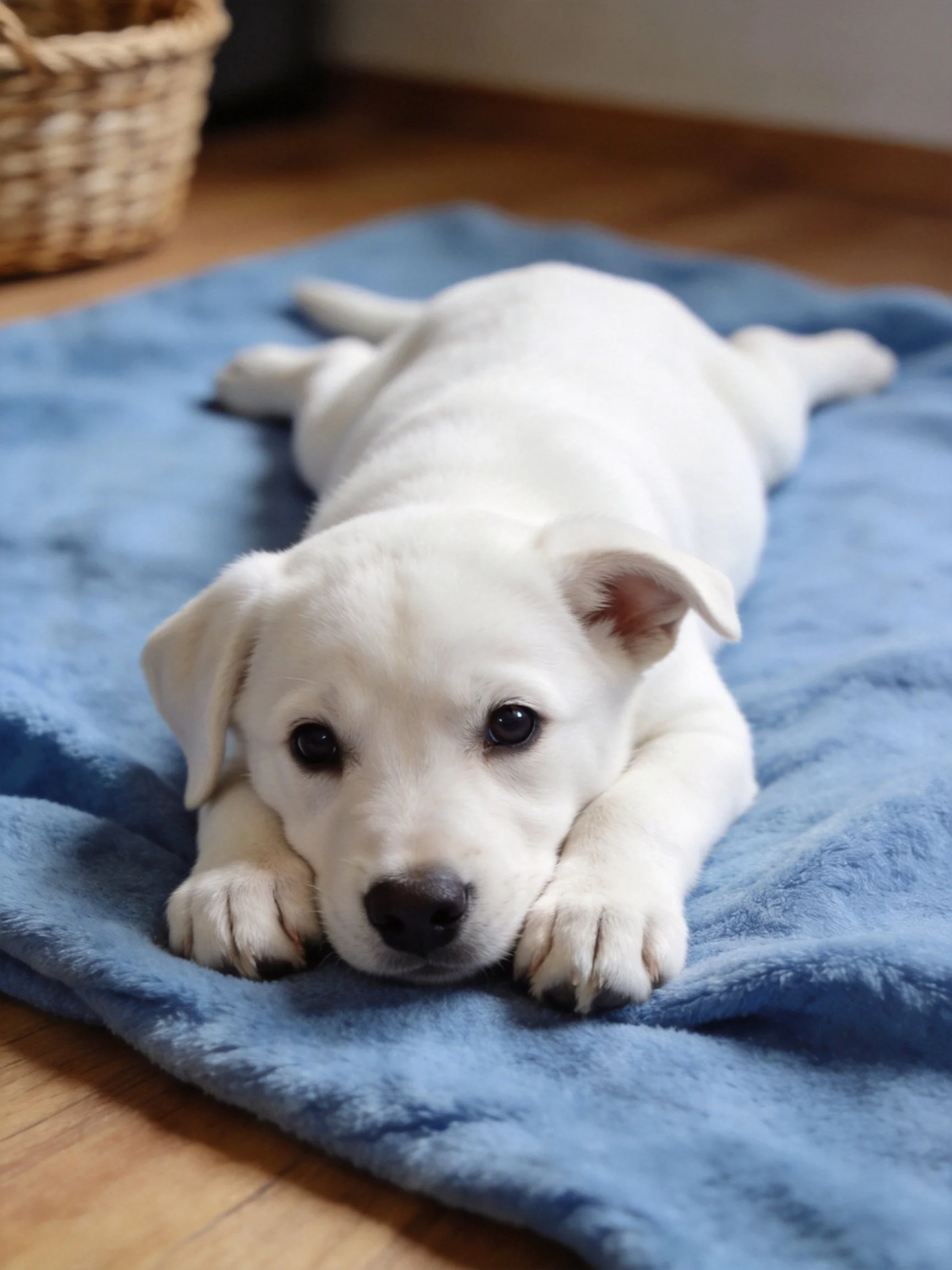 A white puppy relaxes on a blue blanket in an indoor space.