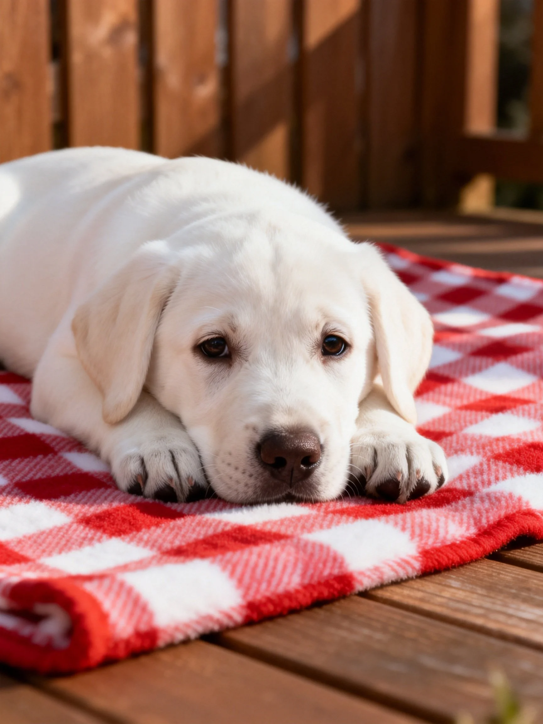 A white puppy lies on a red-and-white checkered blanket in a sunlit outdoor area.