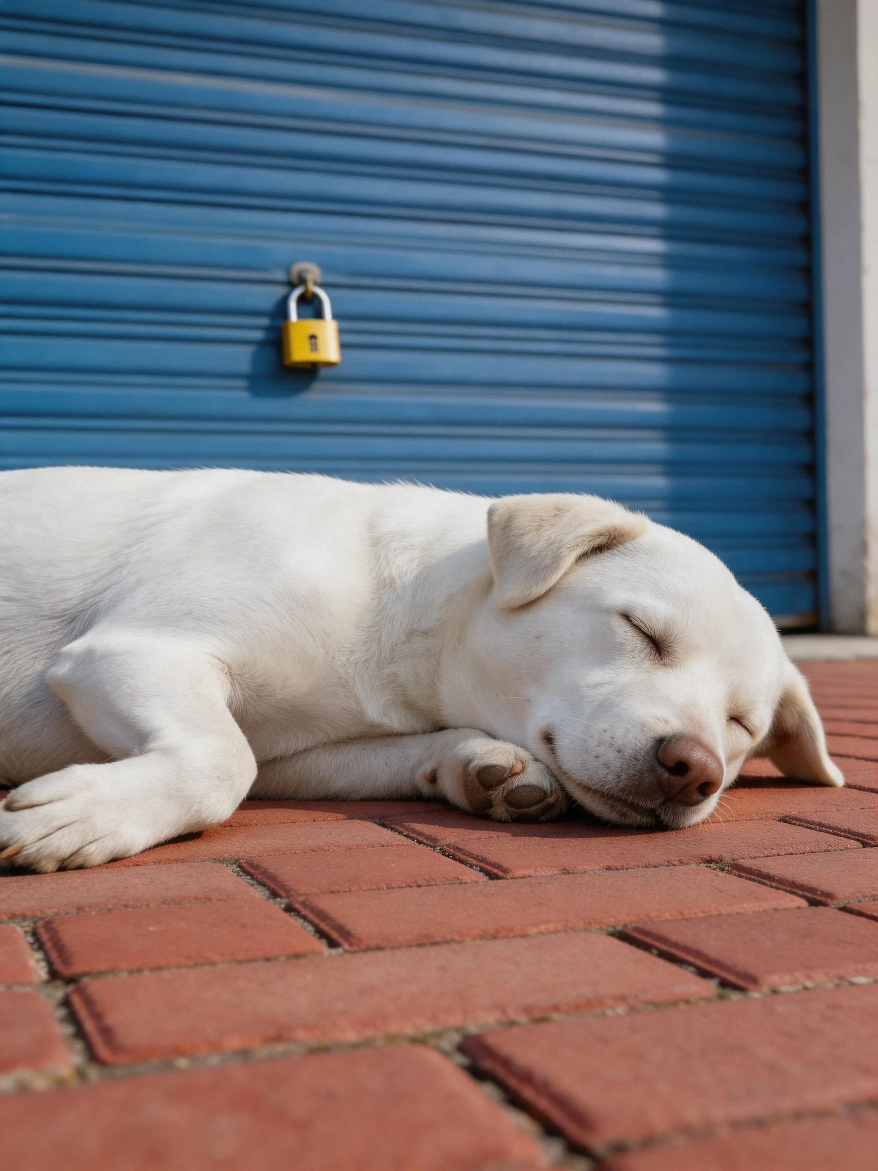 A white puppy sleeps on a red brick surface near a blue roller door.