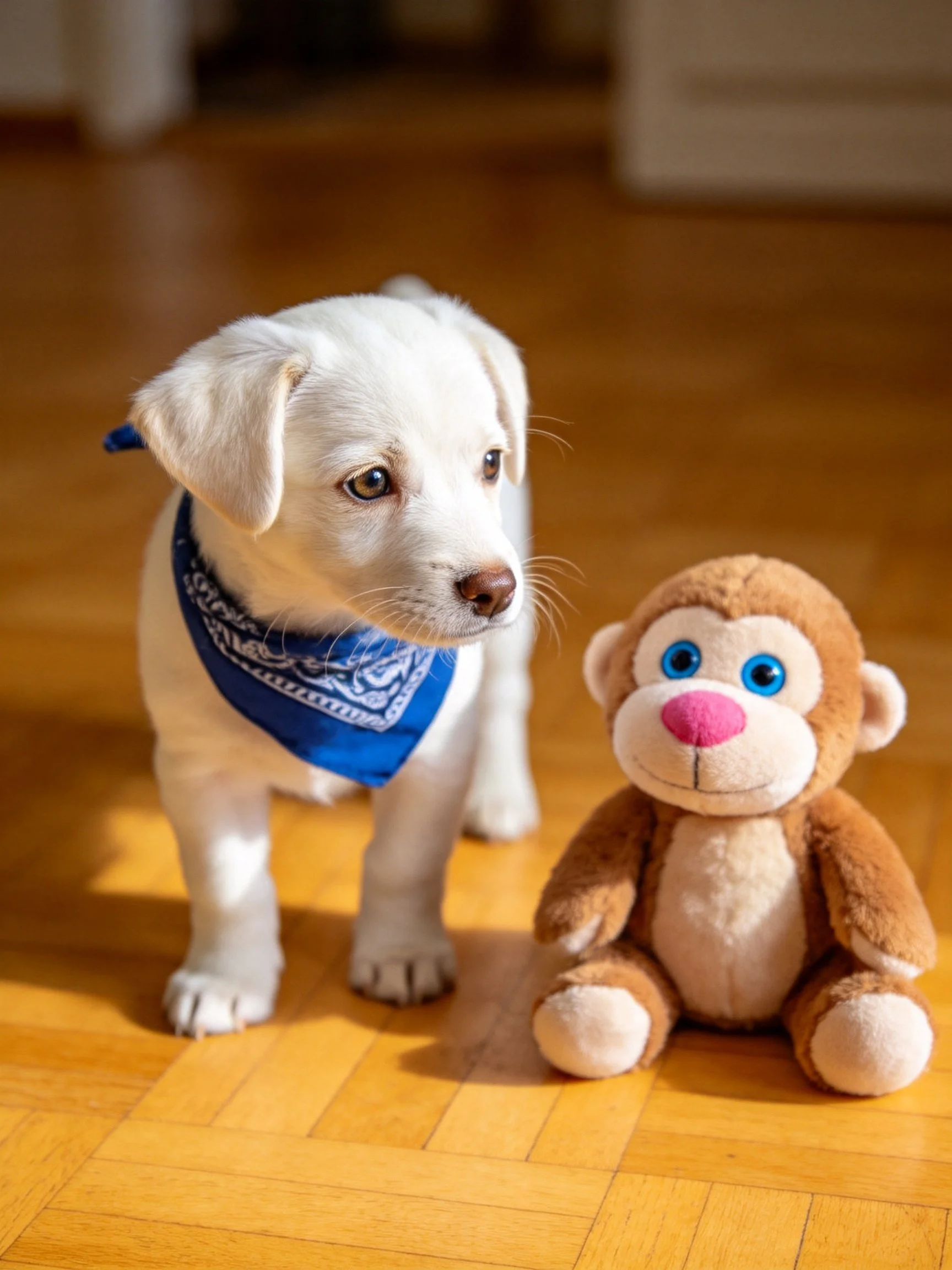 White puppy with blue bandana beside brown stuffed monkey on wooden floor