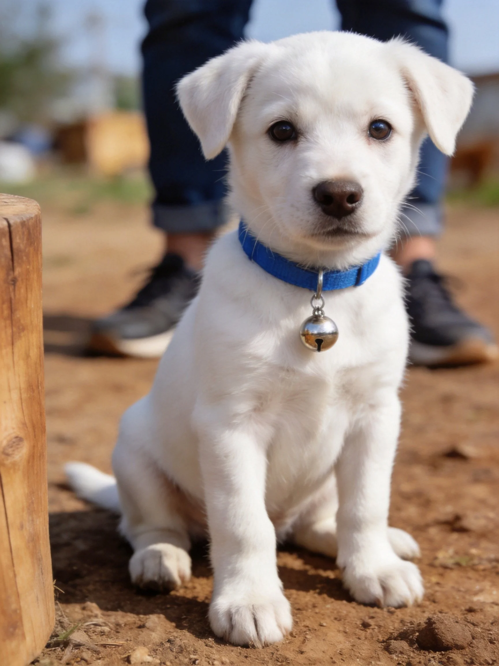 A white puppy wearing a blue collar rests on dirt ground close to a wooden post and a person.