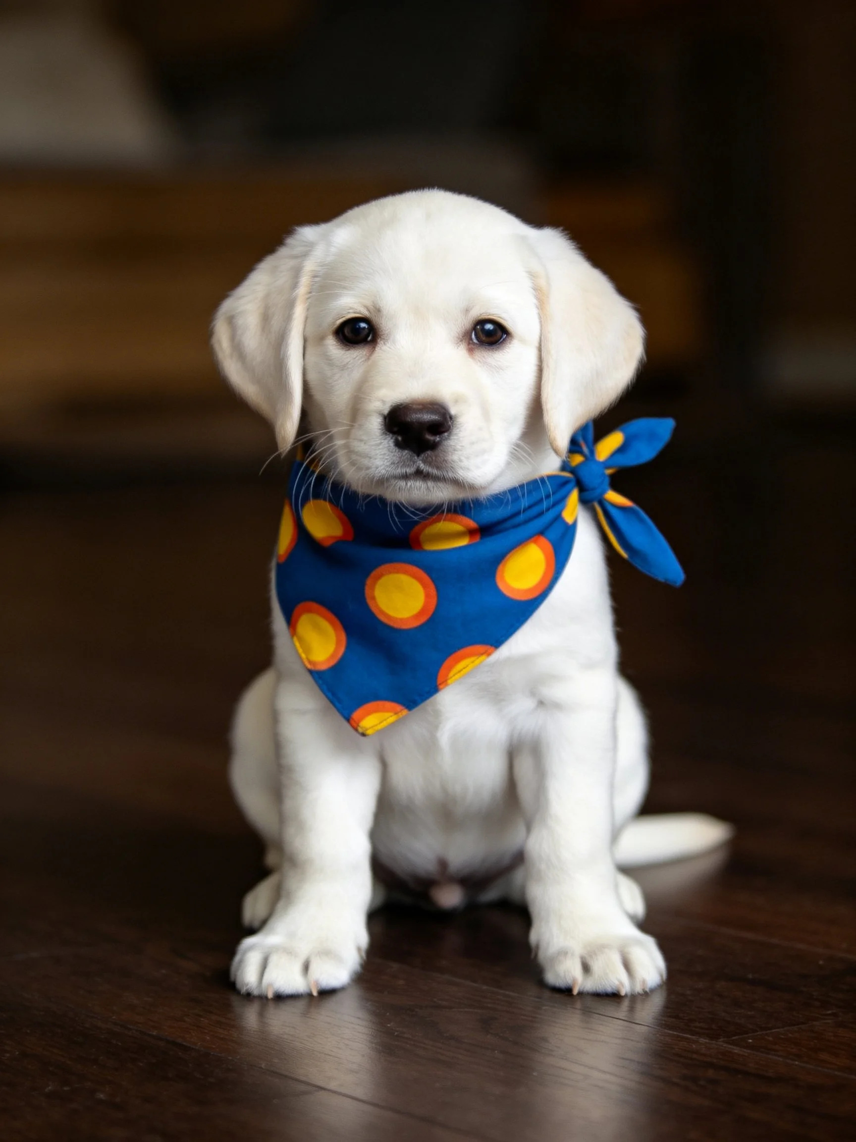 White puppy with blue spotted bandana sits on wood floor.