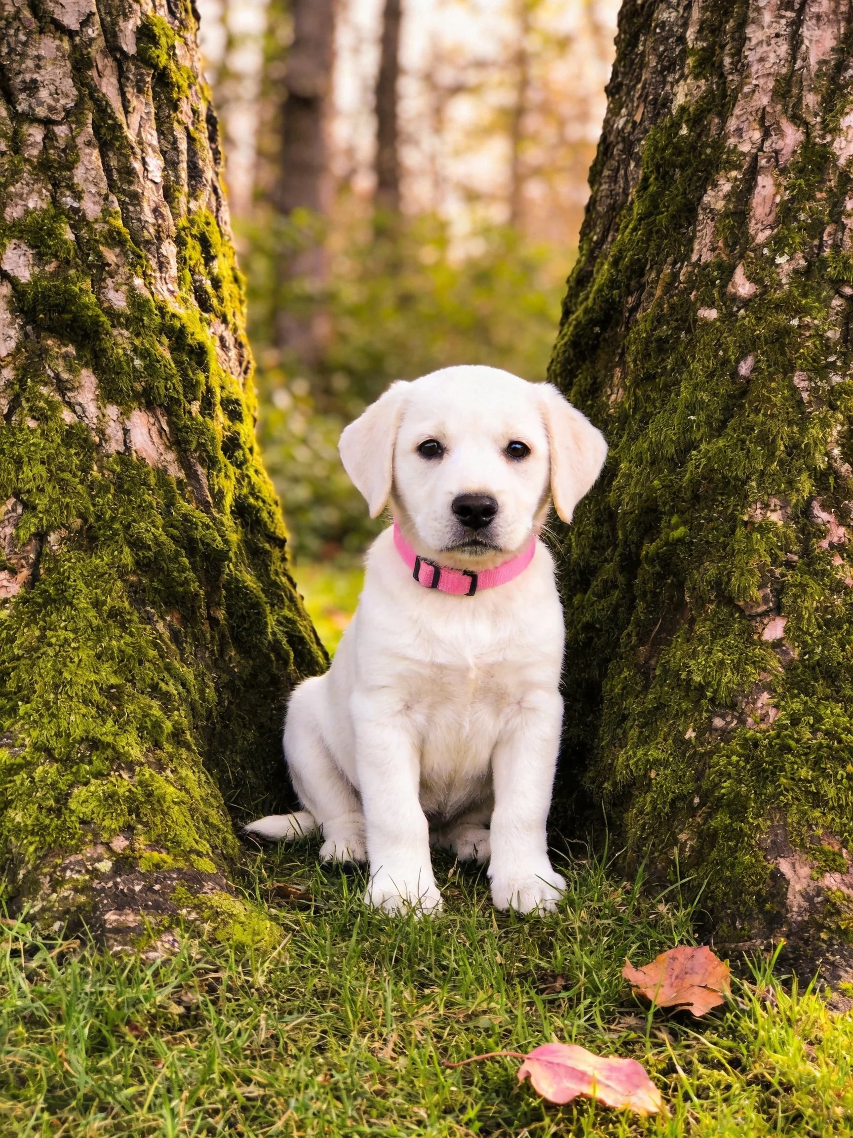 A white puppy with a pink collar rests between two large trees in a forest.