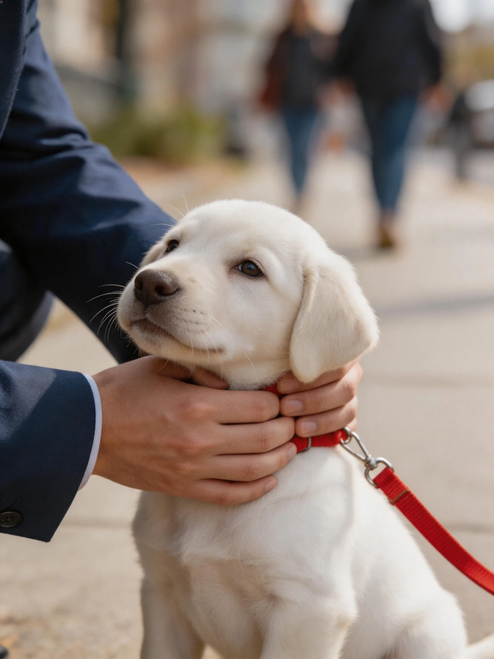 Person in blue suit holds white puppy with red leash.