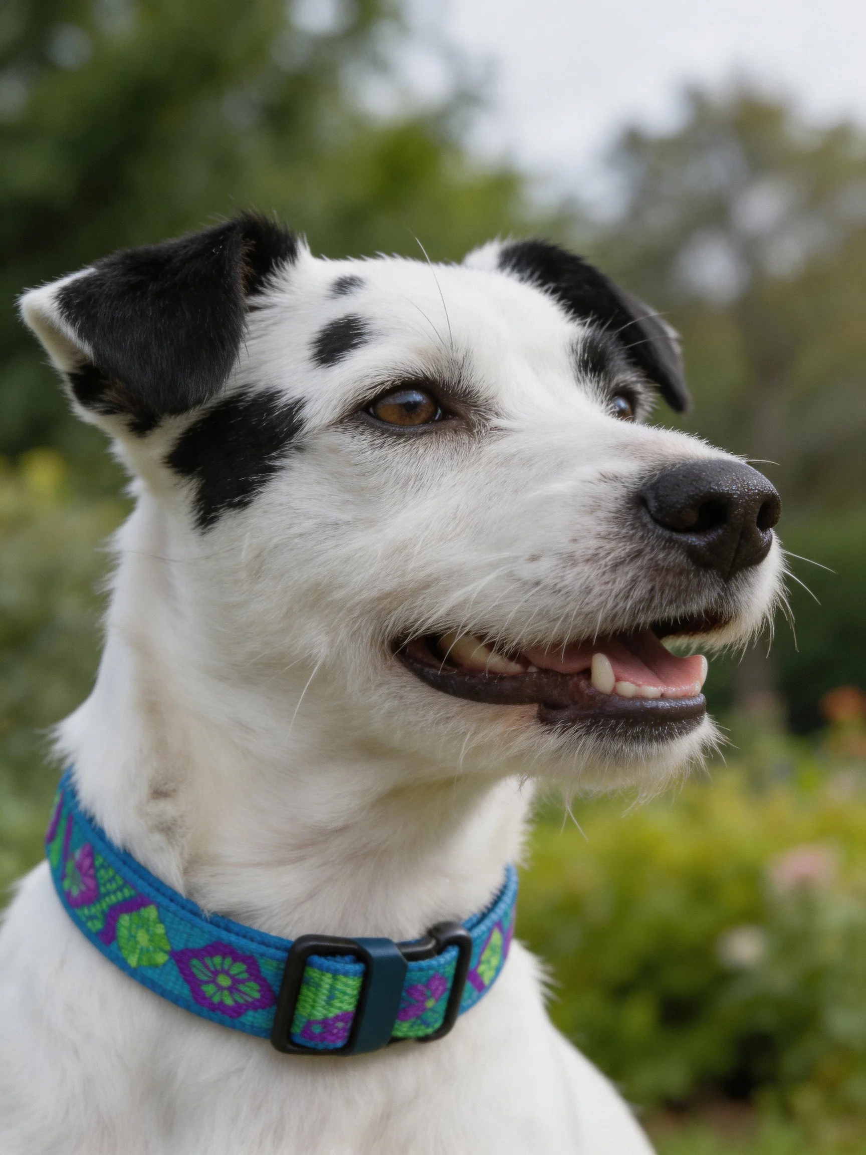 A white-spotted dog with a colorful collar is in an outdoor garden.