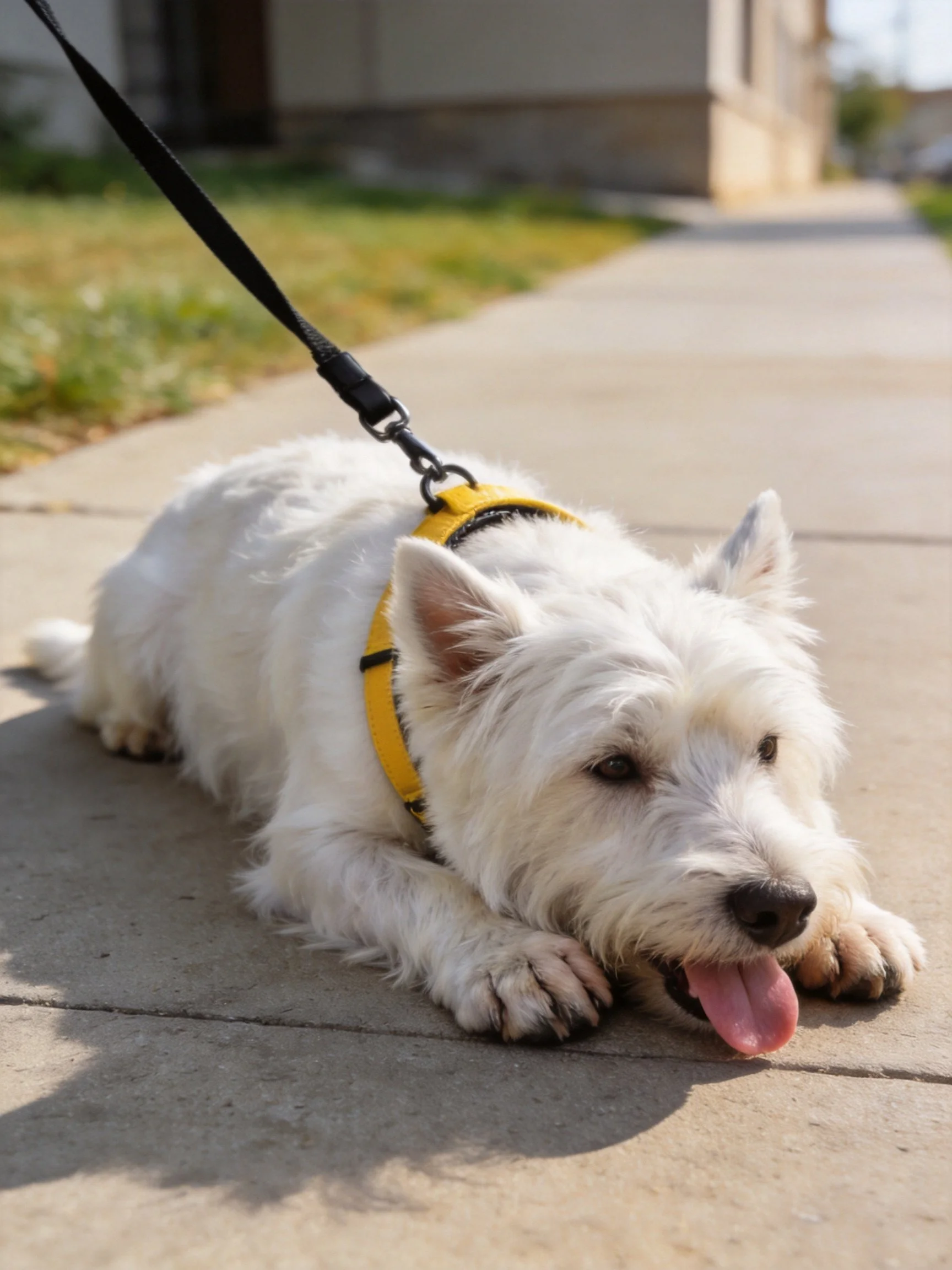 A white terrier relaxes on a sidewalk wearing a yellow harness.