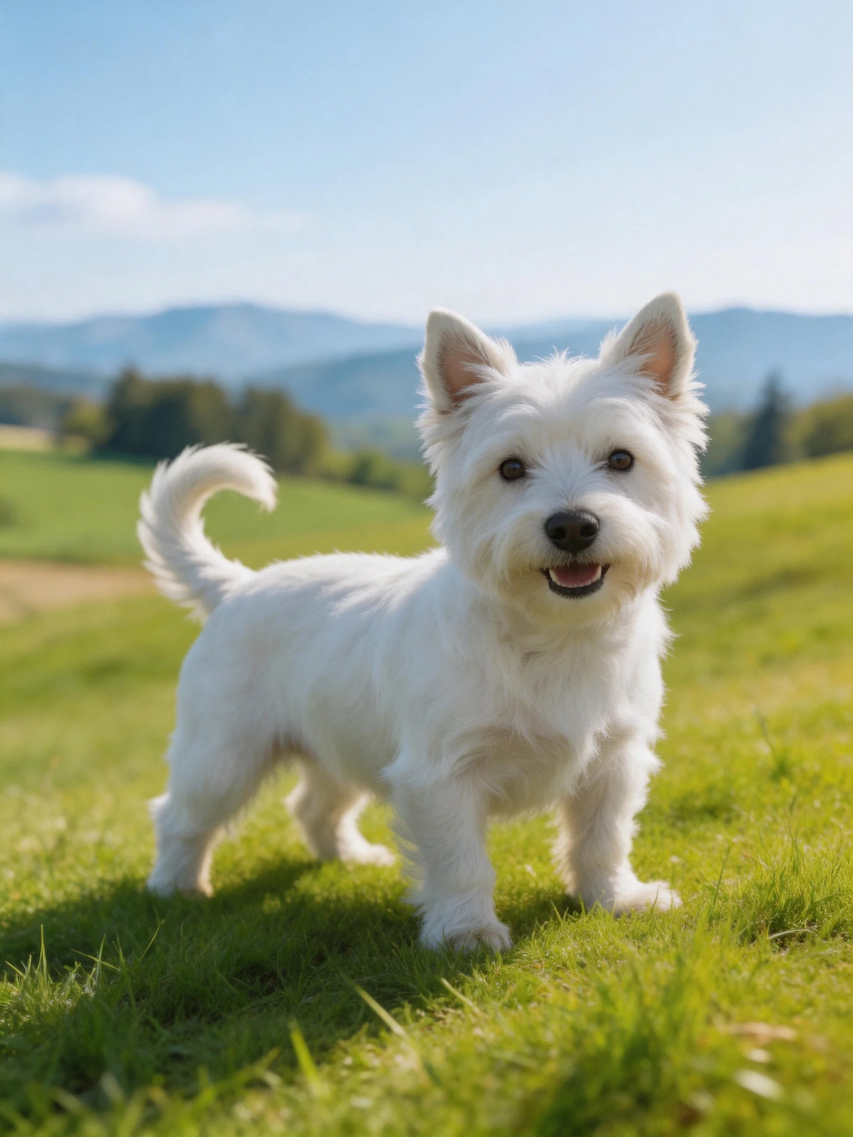 White terrier puppy on sunny grassy field with distant mountains