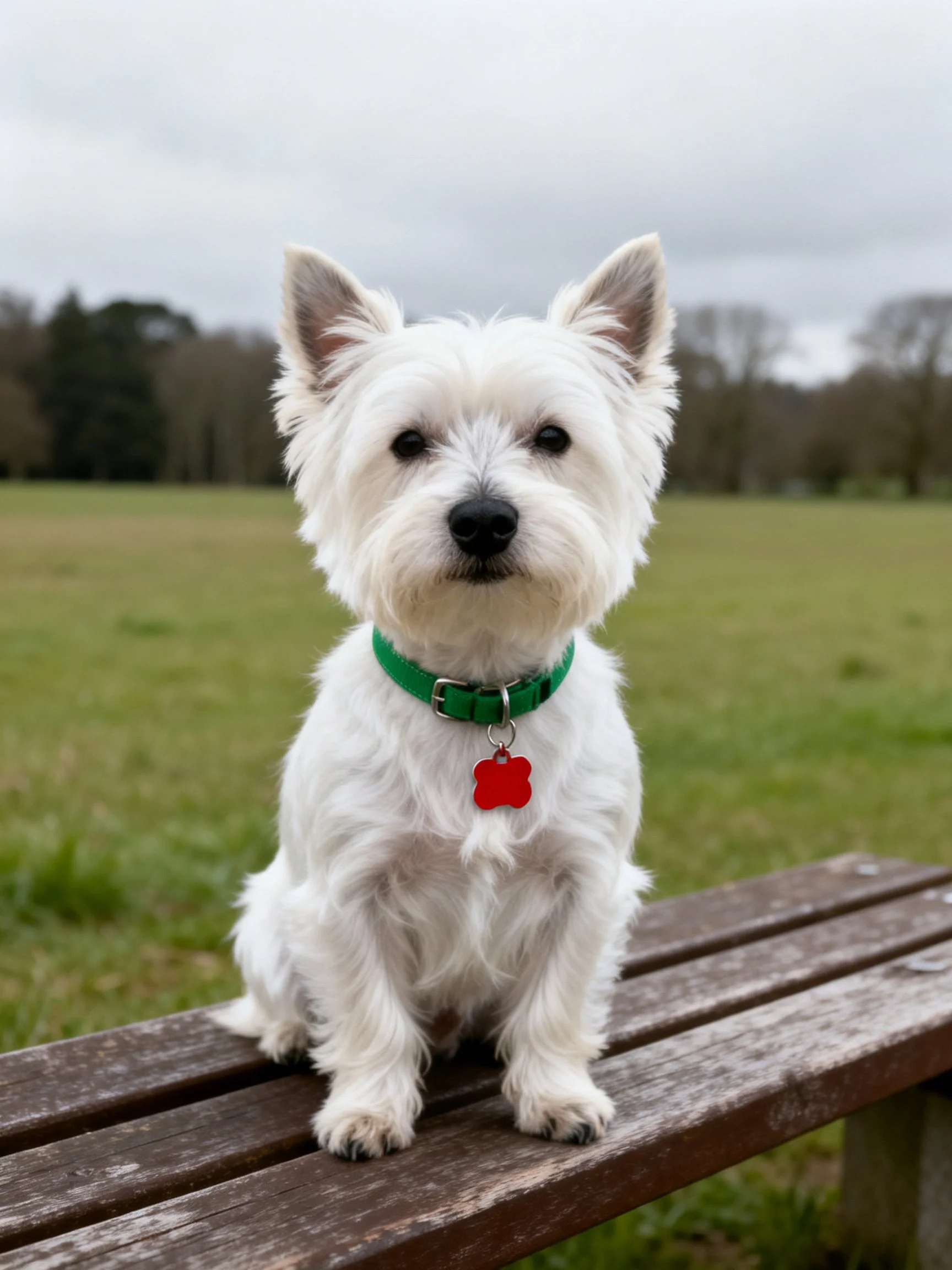White terrier with green collar sits on weathered wooden bench in grassy park