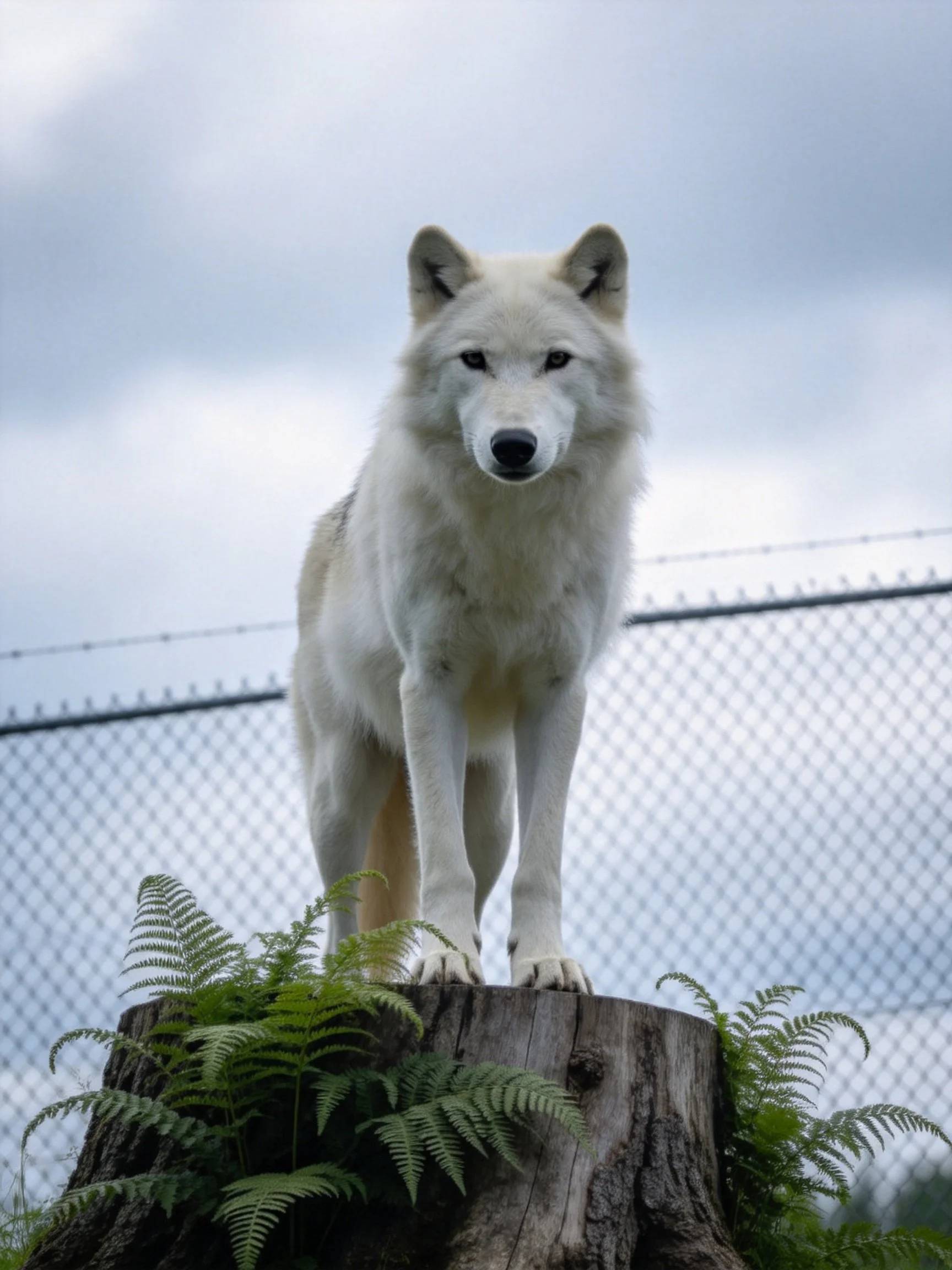 A white wolf stands on a weathered tree stump with ferns and a chain-link fence in the background.