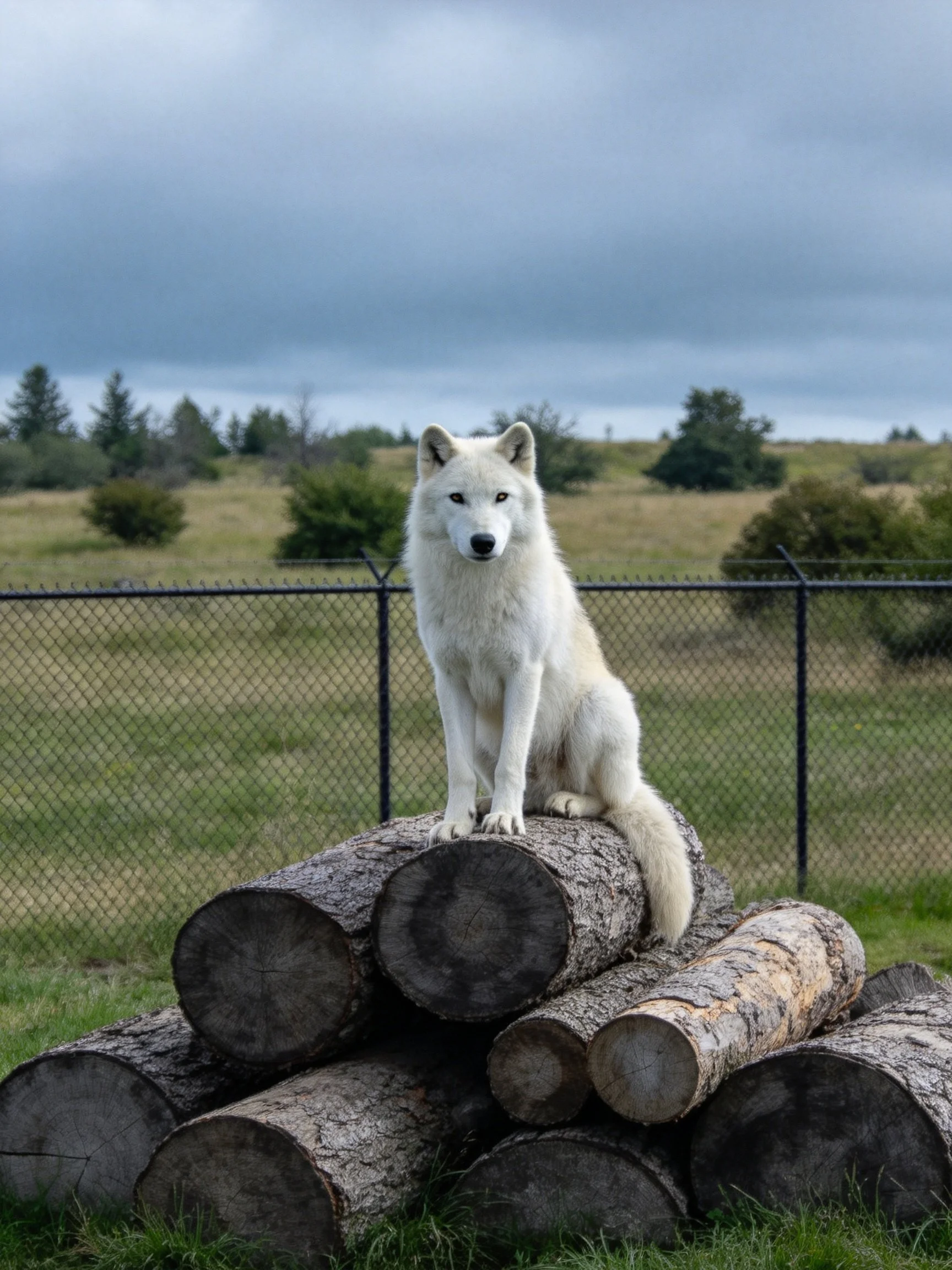 A white wolf rests on stacked tree logs next to a chain-link fence in an open area.