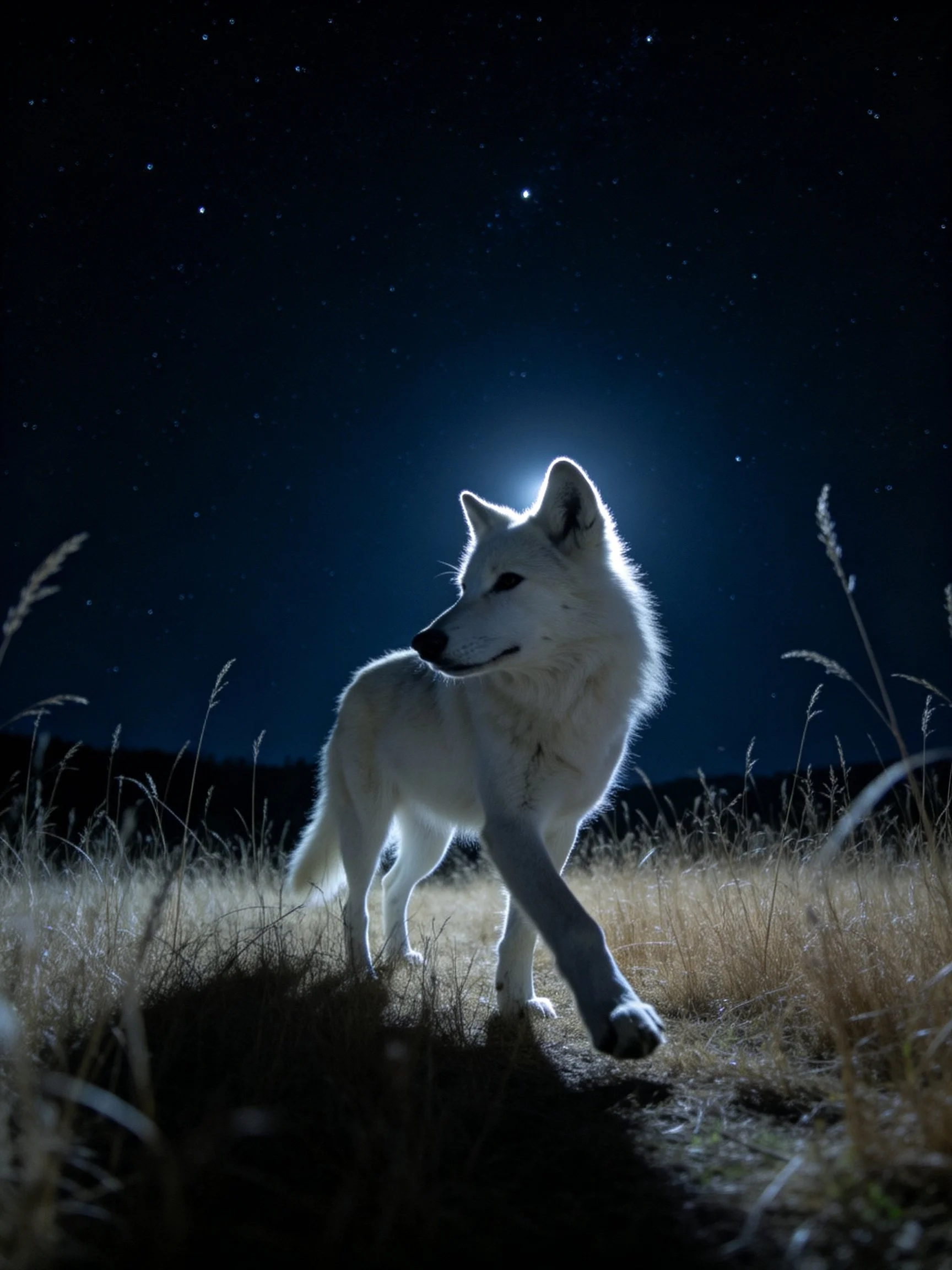 A white wolf moves through tall grass under a starry night sky with dramatic backlighting