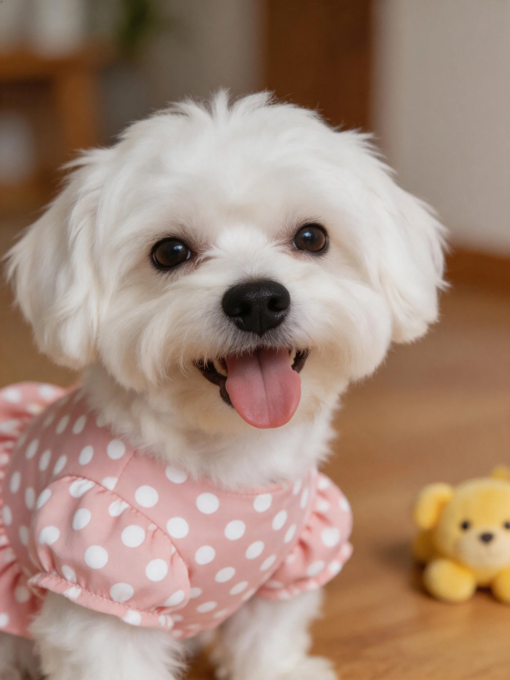 A white dog in a pink polka dot dress sits beside a yellow teddy bear indoors.