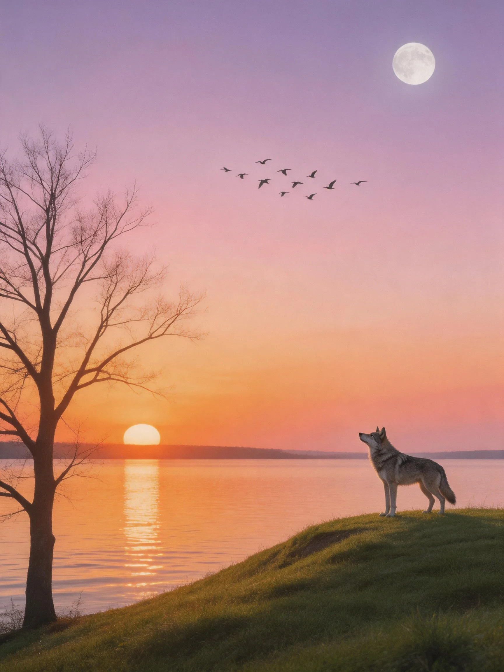 A wolf stands by a lakeside as sunset and moon illuminate the sky with flying birds