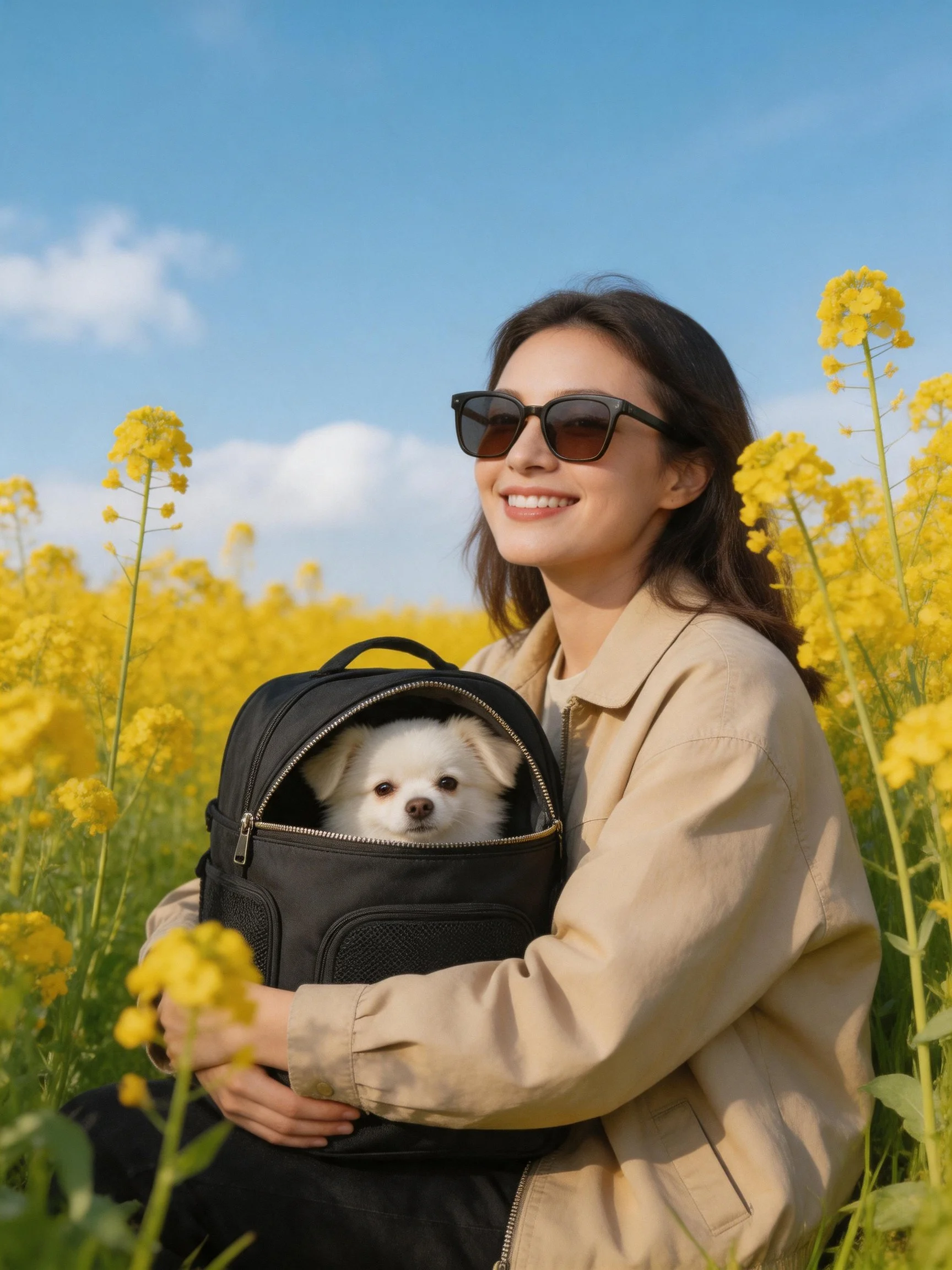 A woman sits among vibrant yellow flowers, cradling a black backpack with a small white dog inside.