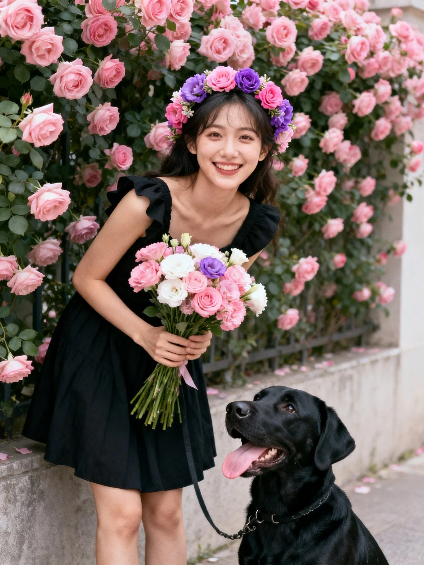 A woman in a black dress poses with a flower bouquet beside her black dog amid pink roses.