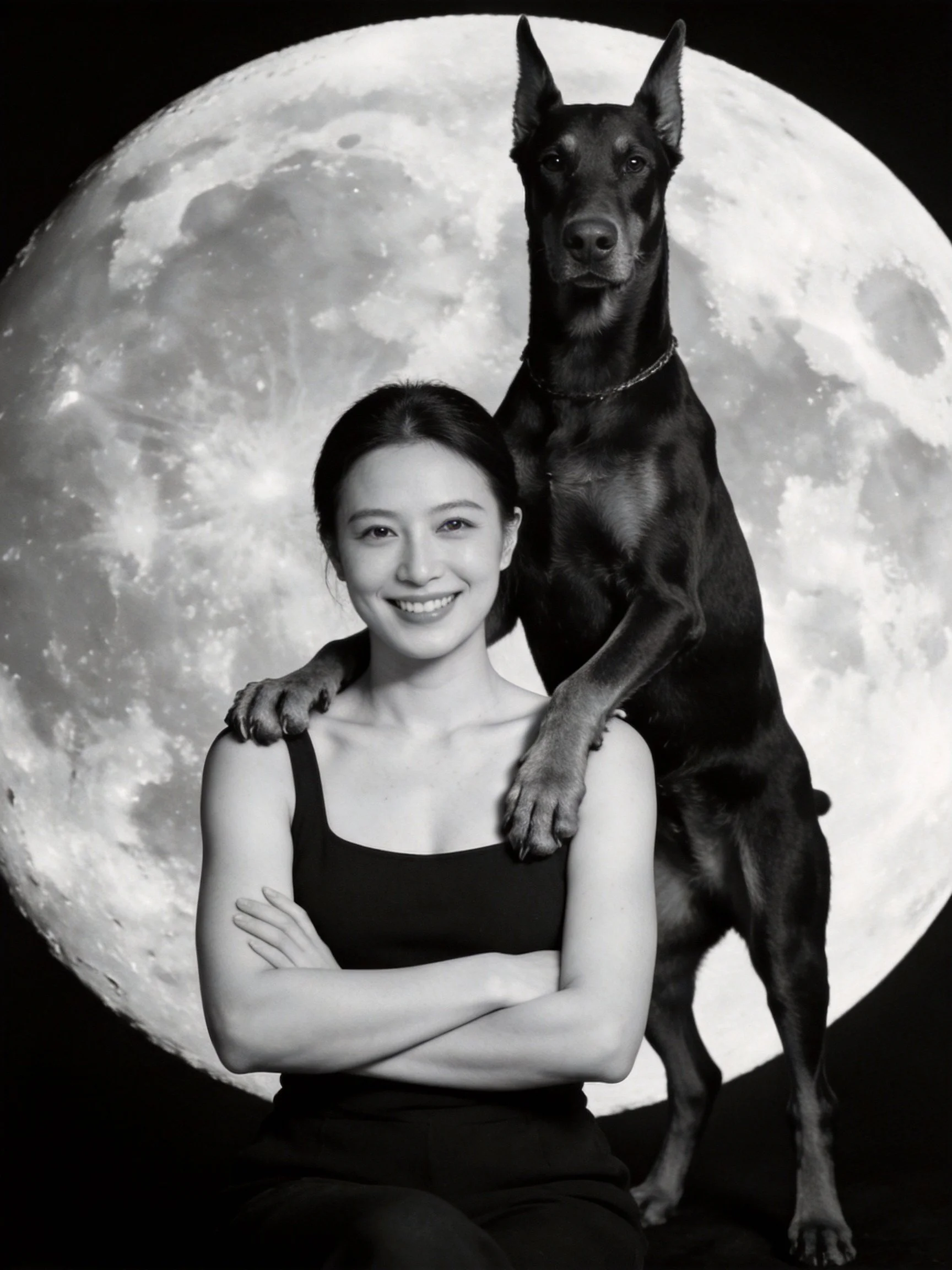 A woman in black stands beside a Doberman with a giant moon backdrop.