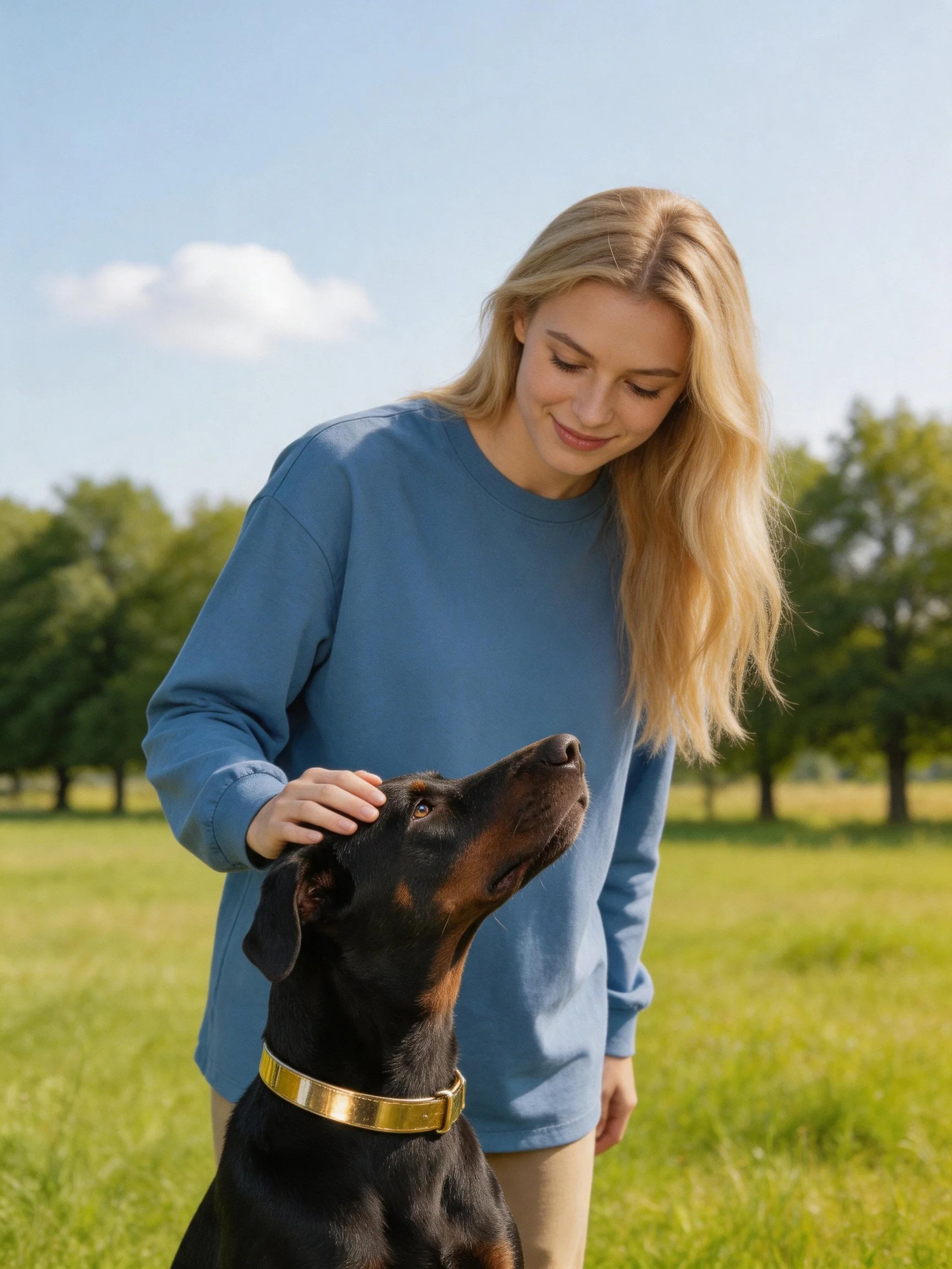 A woman interacts with a Doberman wearing a gold collar in a sunny outdoor space