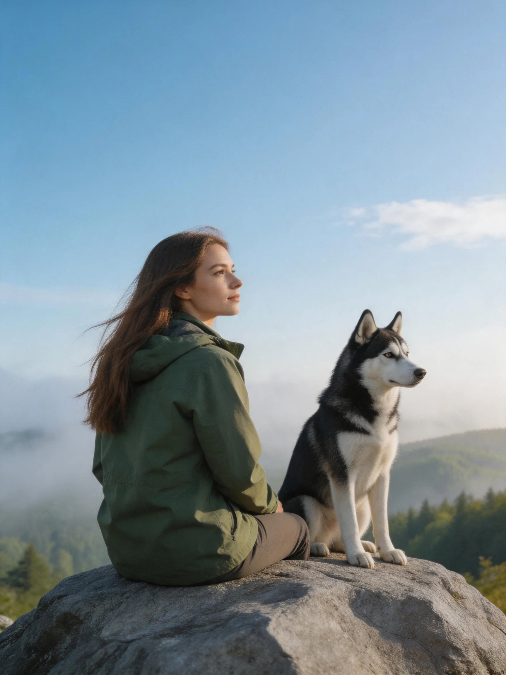 A woman and her Siberian Husky sit together on a rock, overlooking misty mountains.