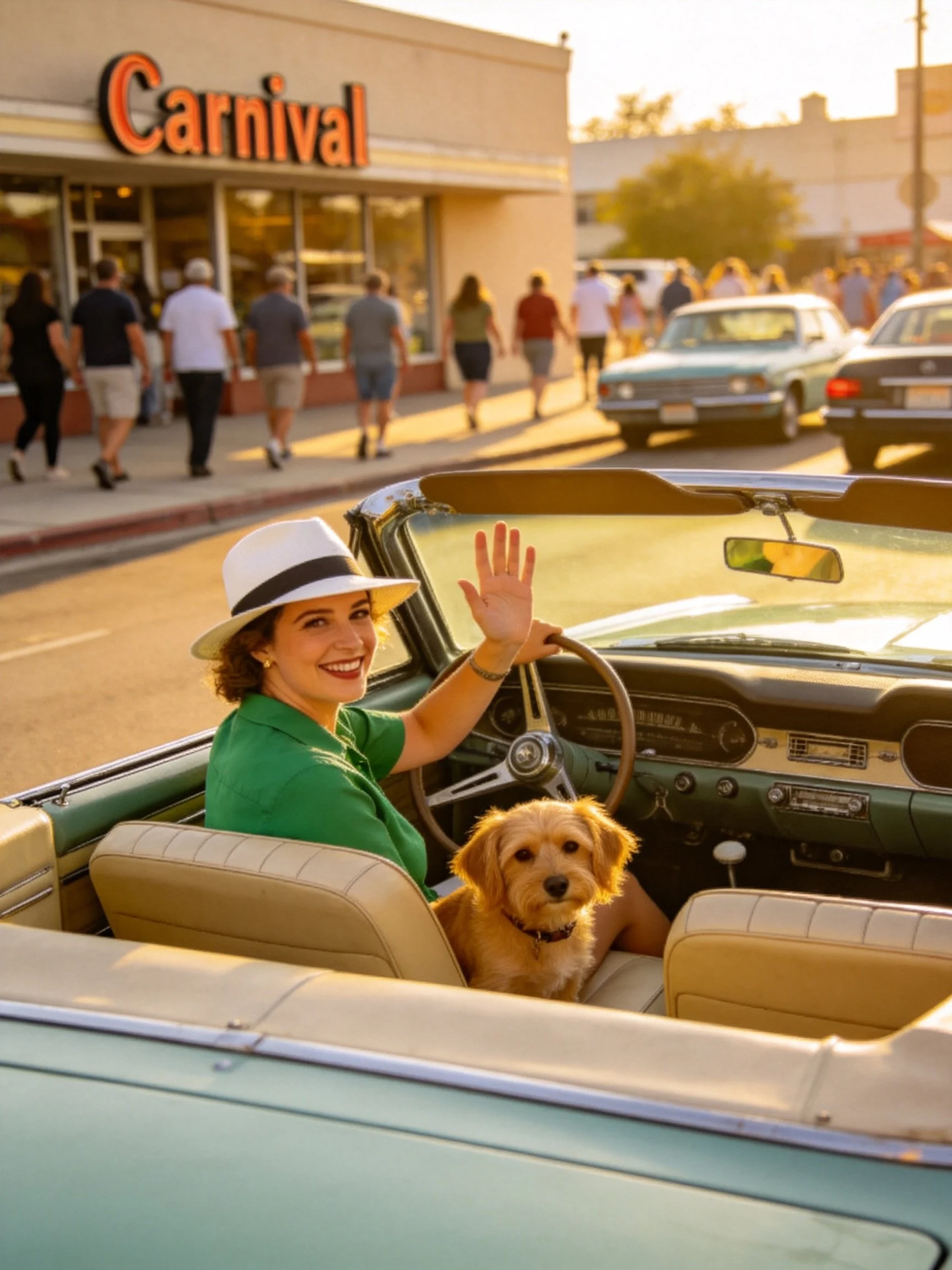 A woman waves from a vintage convertible with her dog as pedestrians pass a Carnival store.