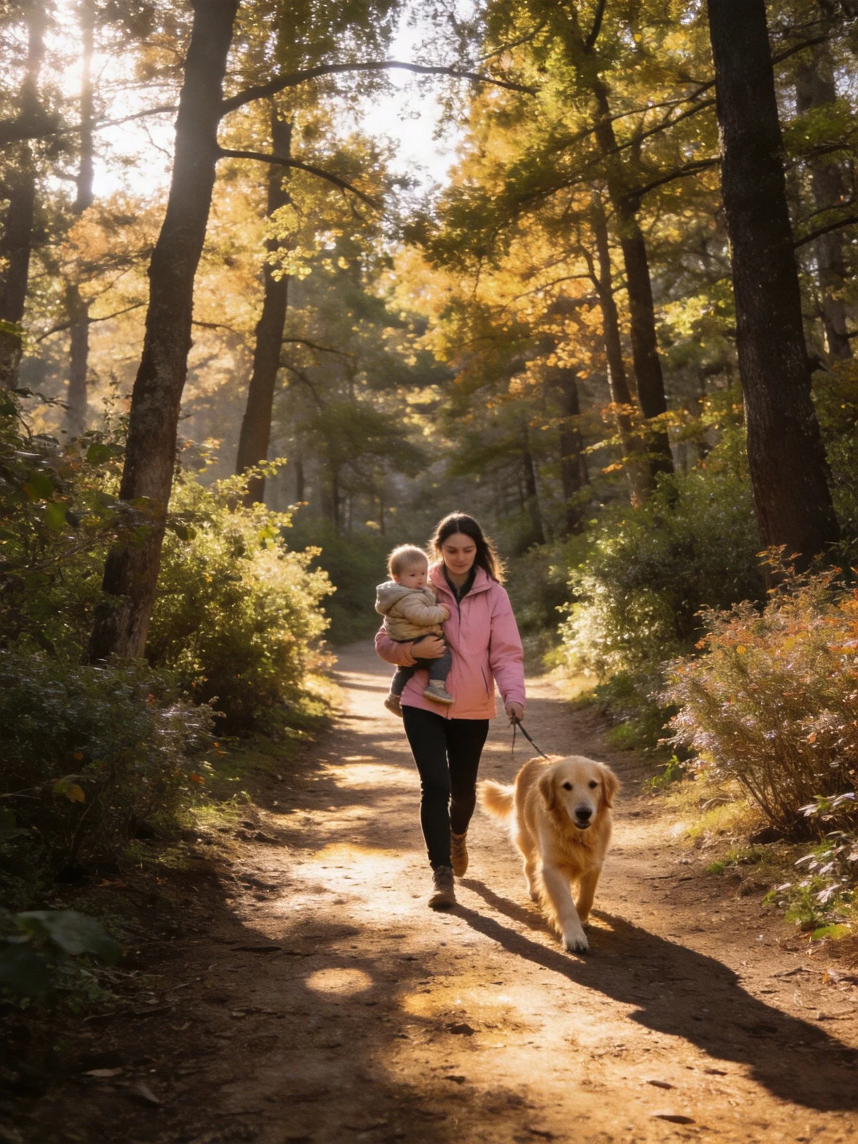 A woman in a pink jacket walks a golden retriever while carrying a baby along a sunlit forest path.