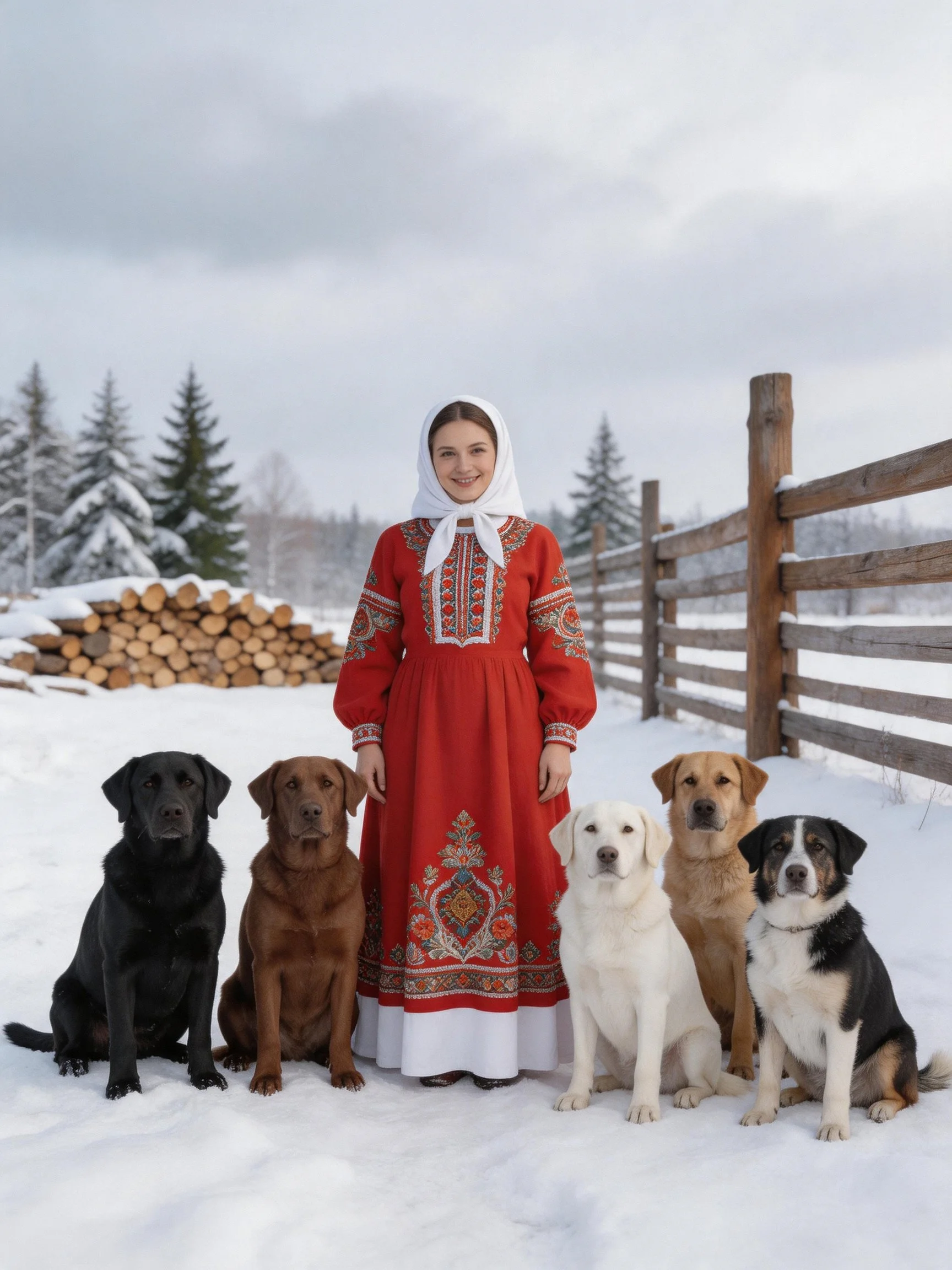 A woman in traditional clothing stands with five dogs in a snowy outdoor setting.