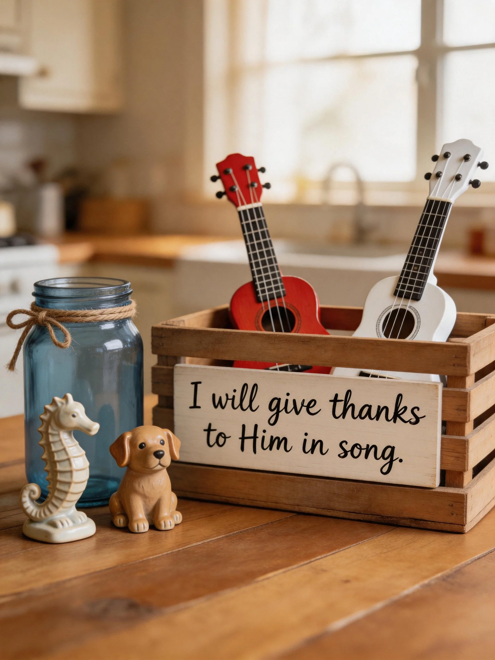 Decorative items including ukuleles, a glass jar, and animal figurines sit arranged on a wooden table with a religious sign.