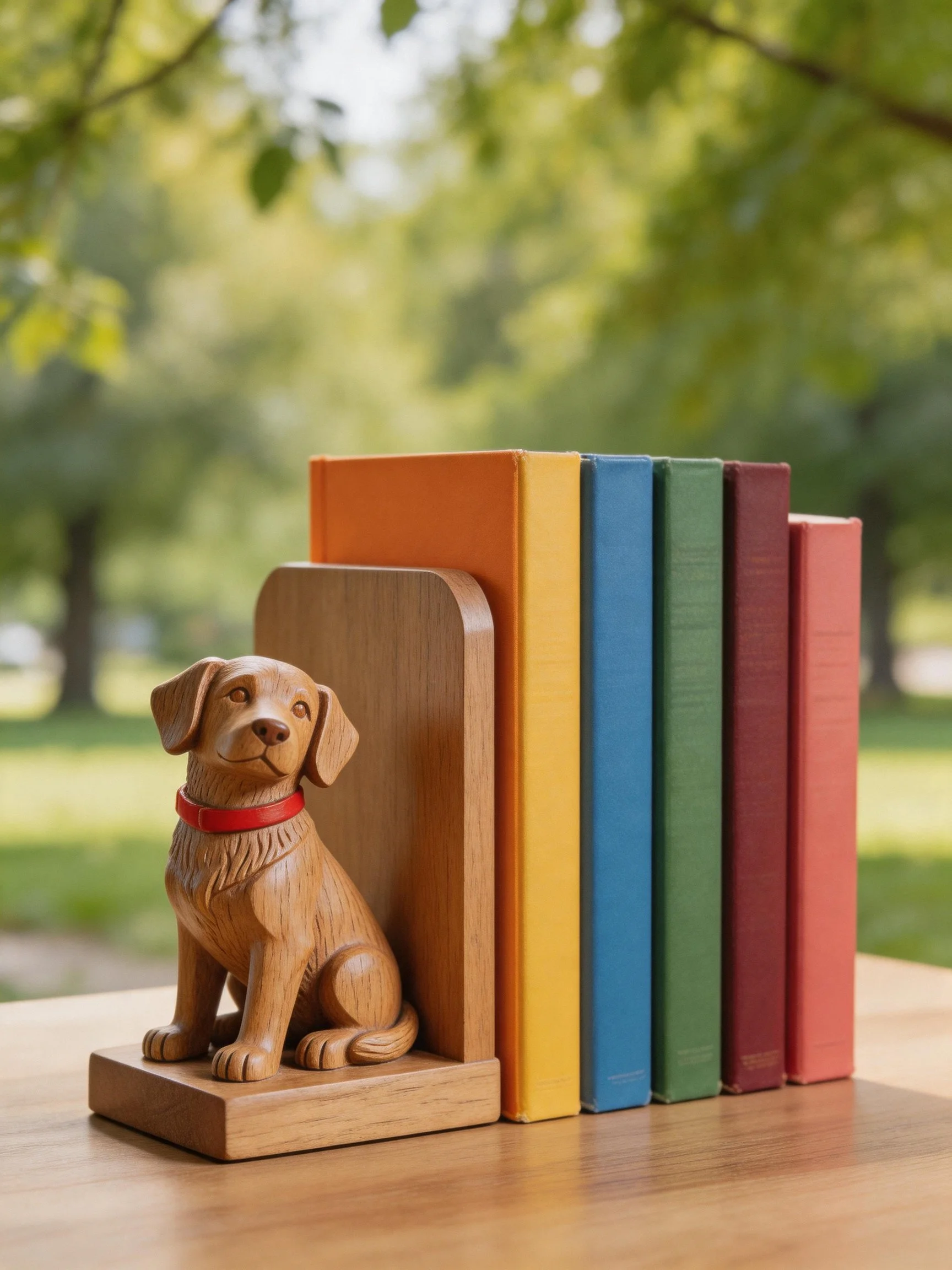 A wooden dog bookend supports multiple colored books in an outdoor environment.