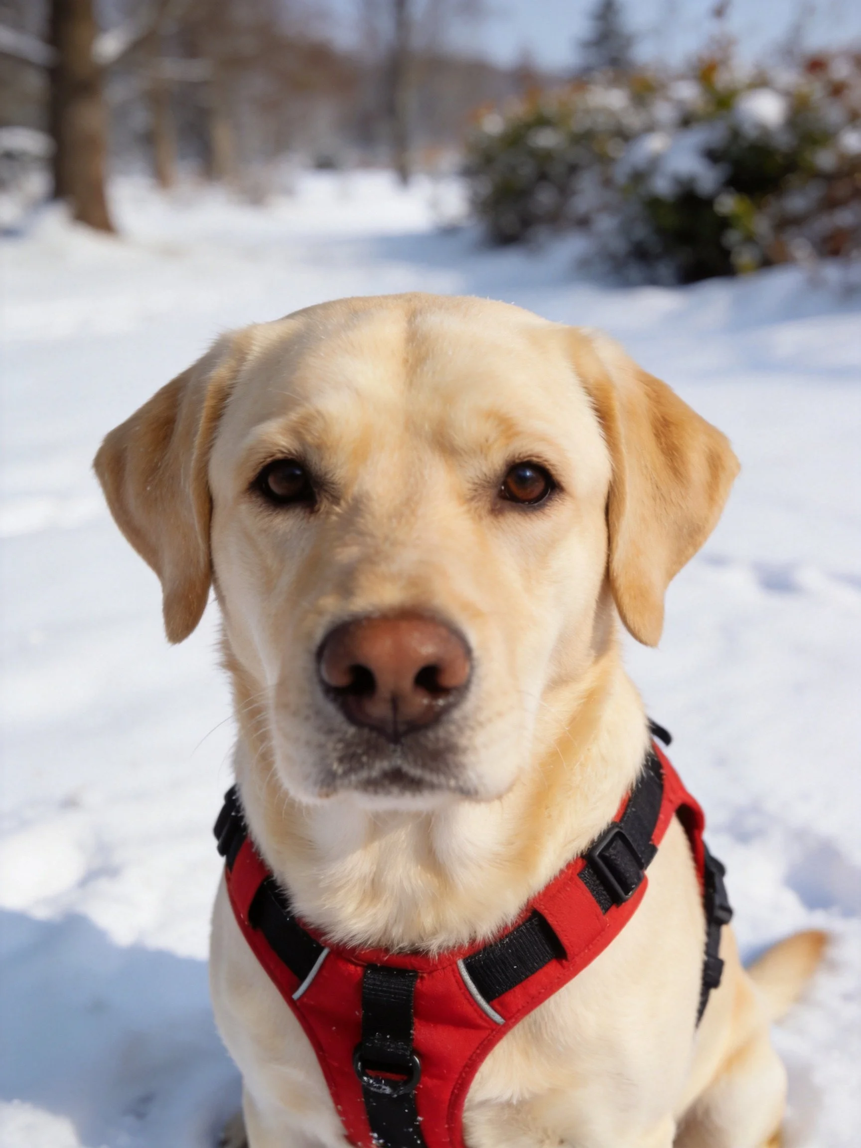 A yellow Labrador Retriever with a red harness sits in a snowy environment.