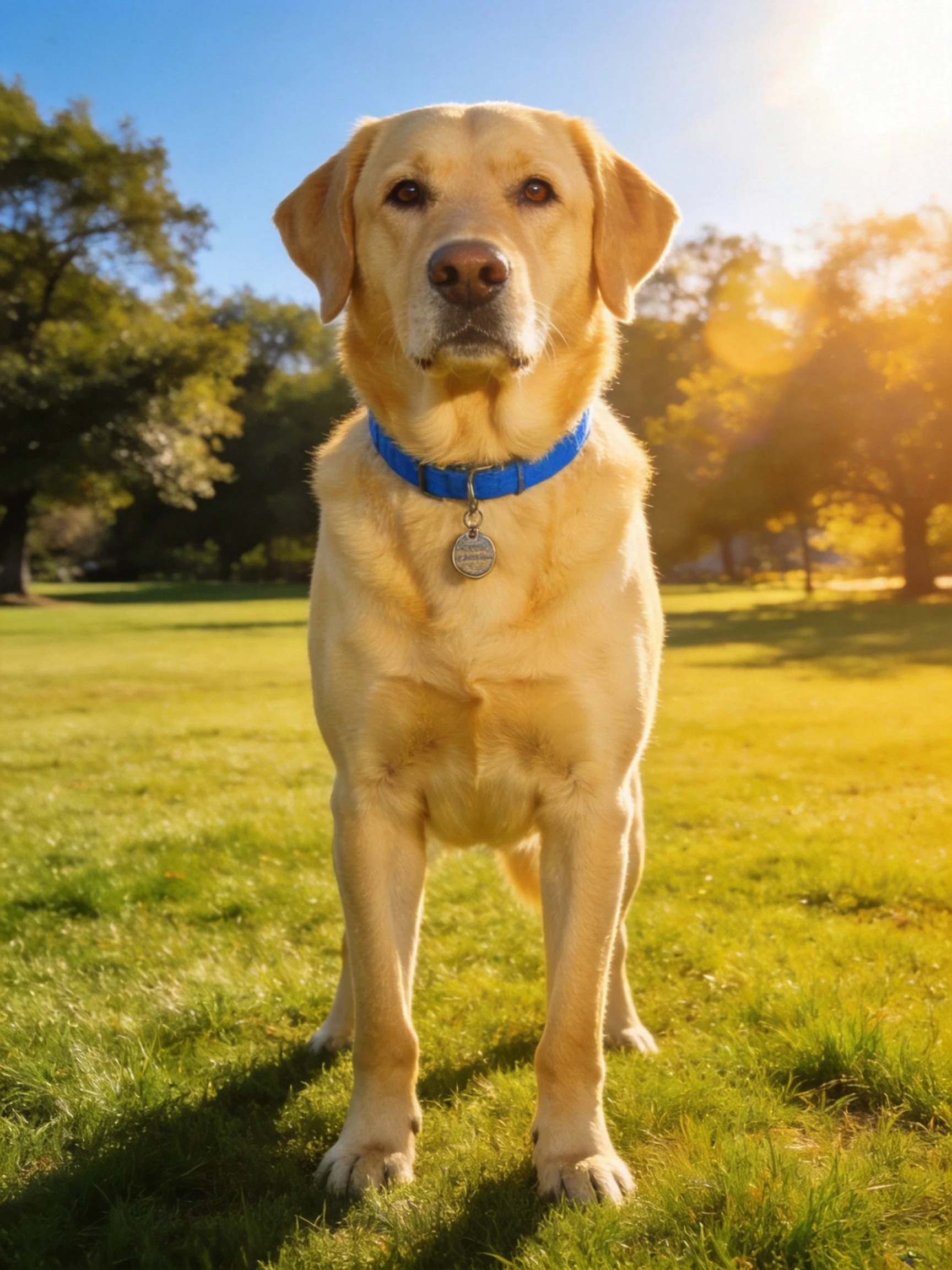 A yellow Labrador Retriever stands calmly on grass in a sunlit area.