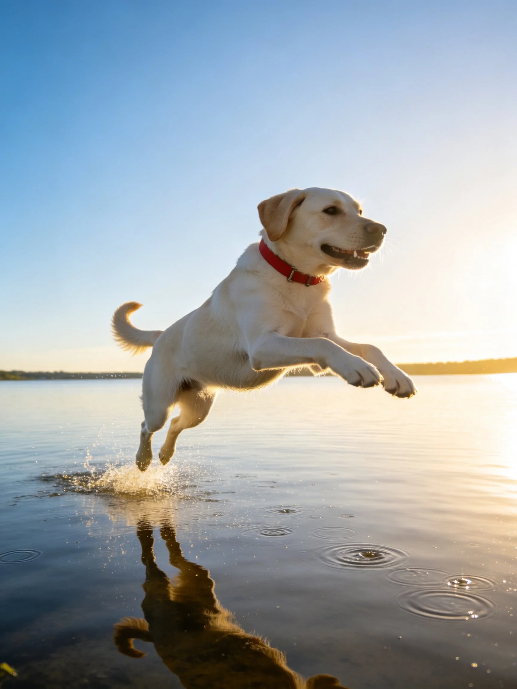 Yellow Labrador dog jumps into calm lake water under sunny sky