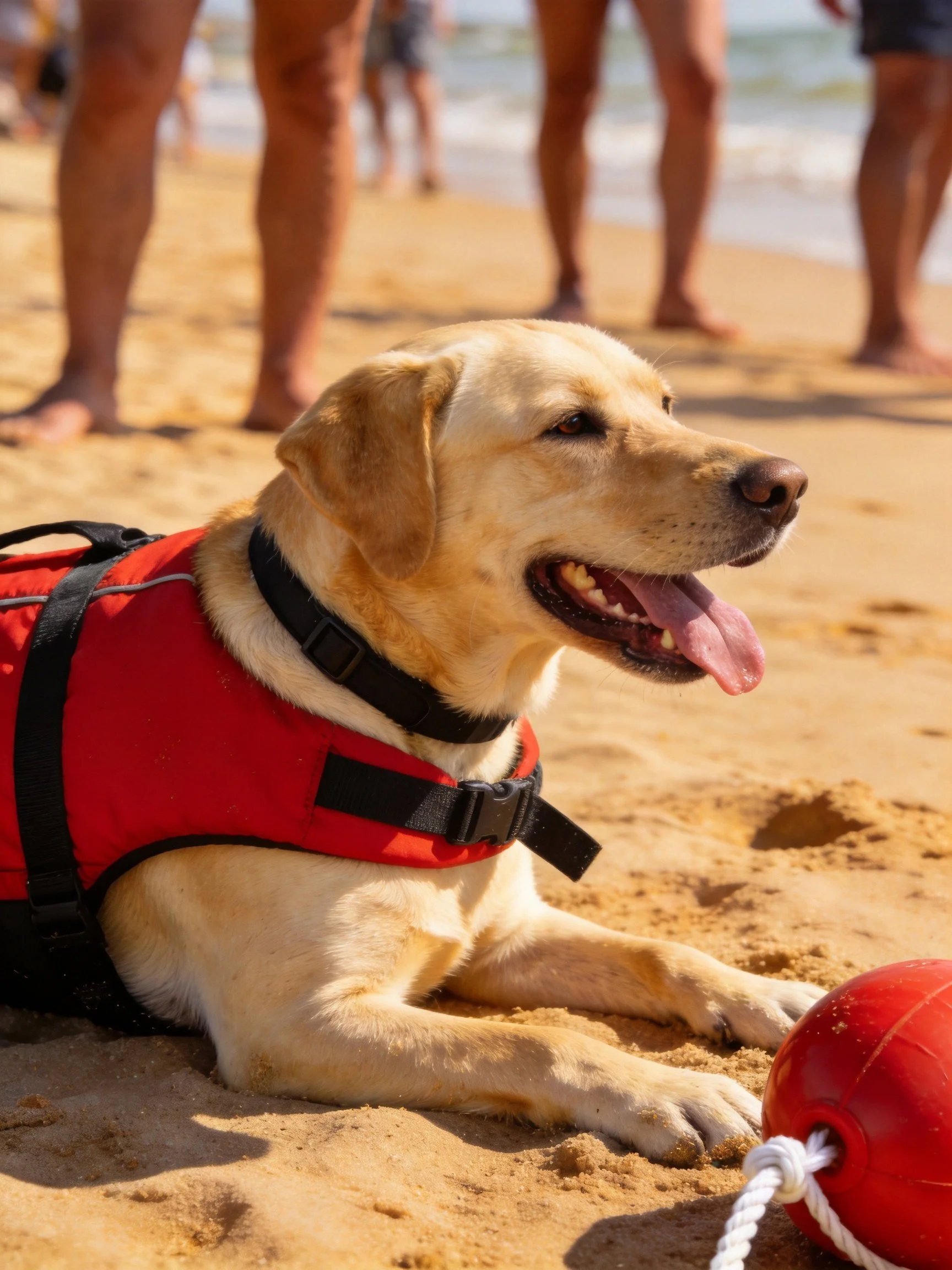Yellow Labrador in red life vest on sandy beach
