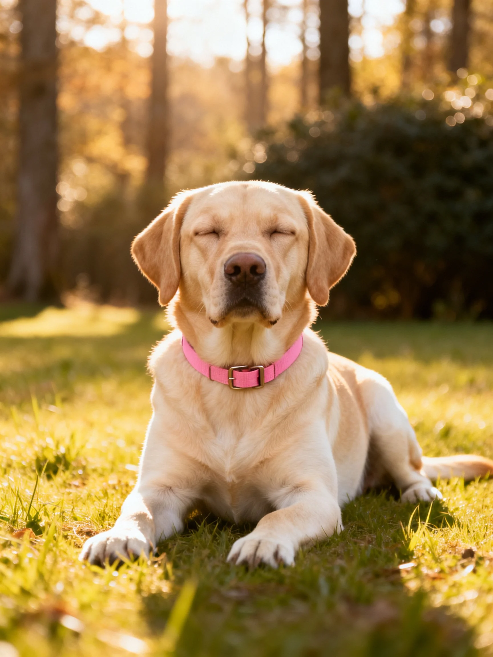 A yellow Labrador lies peacefully on grass with eyes closed.