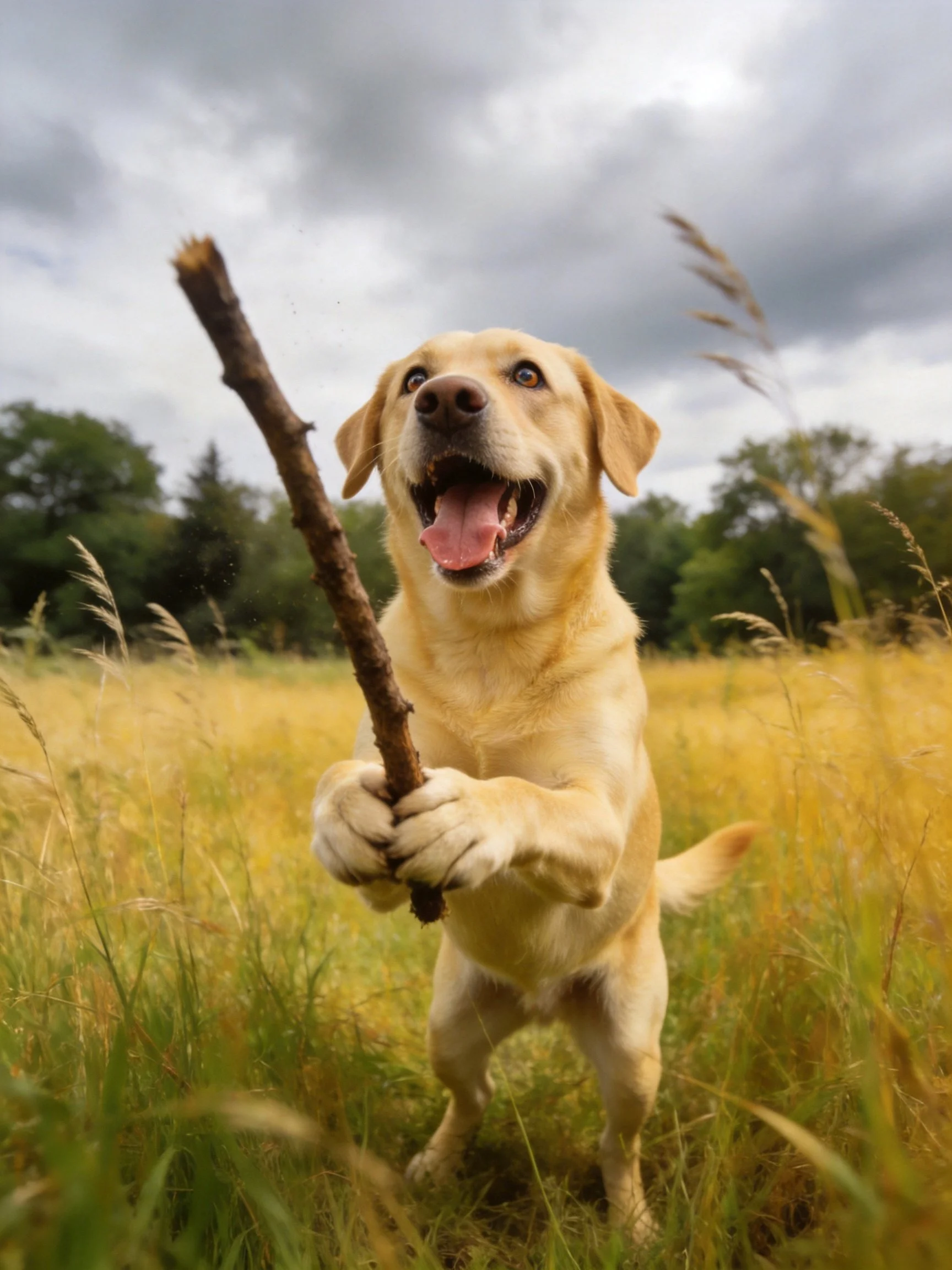 Yellow Labrador retriever holds stick in golden field