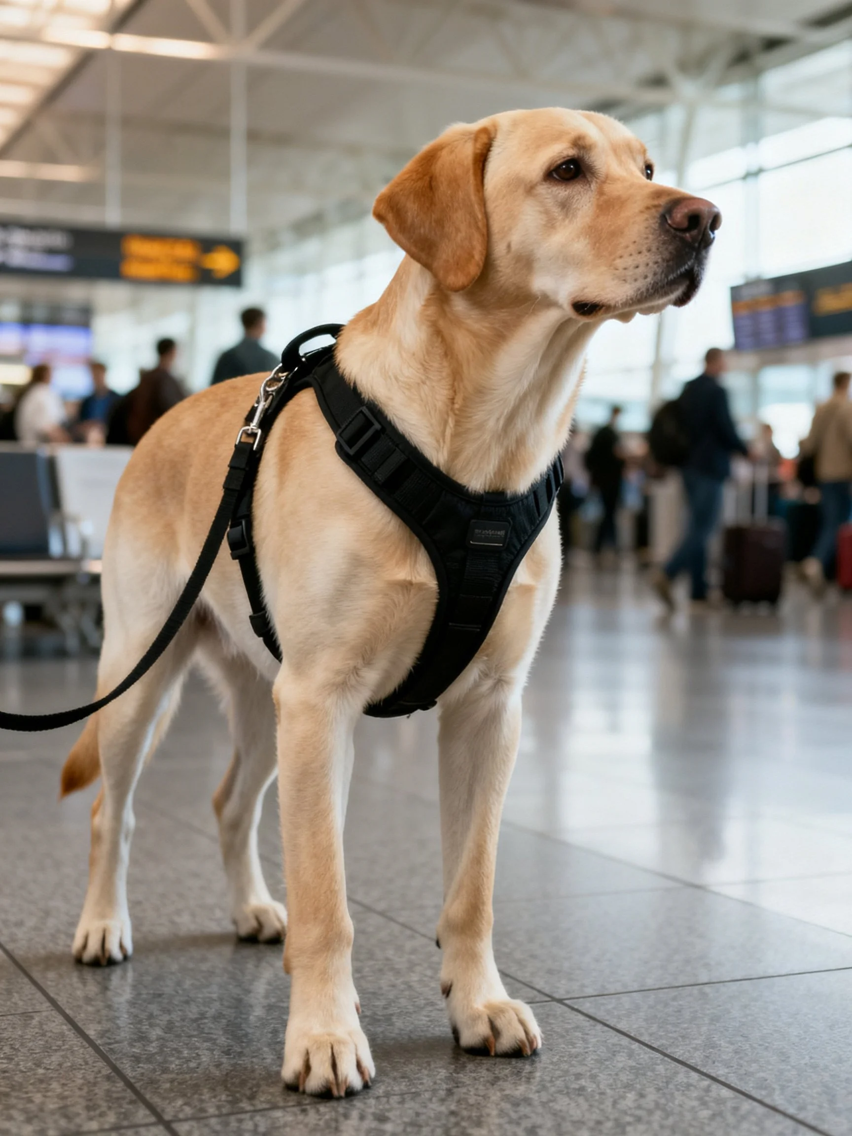 A yellow Labrador retriever in a black harness stands inside an airport terminal.