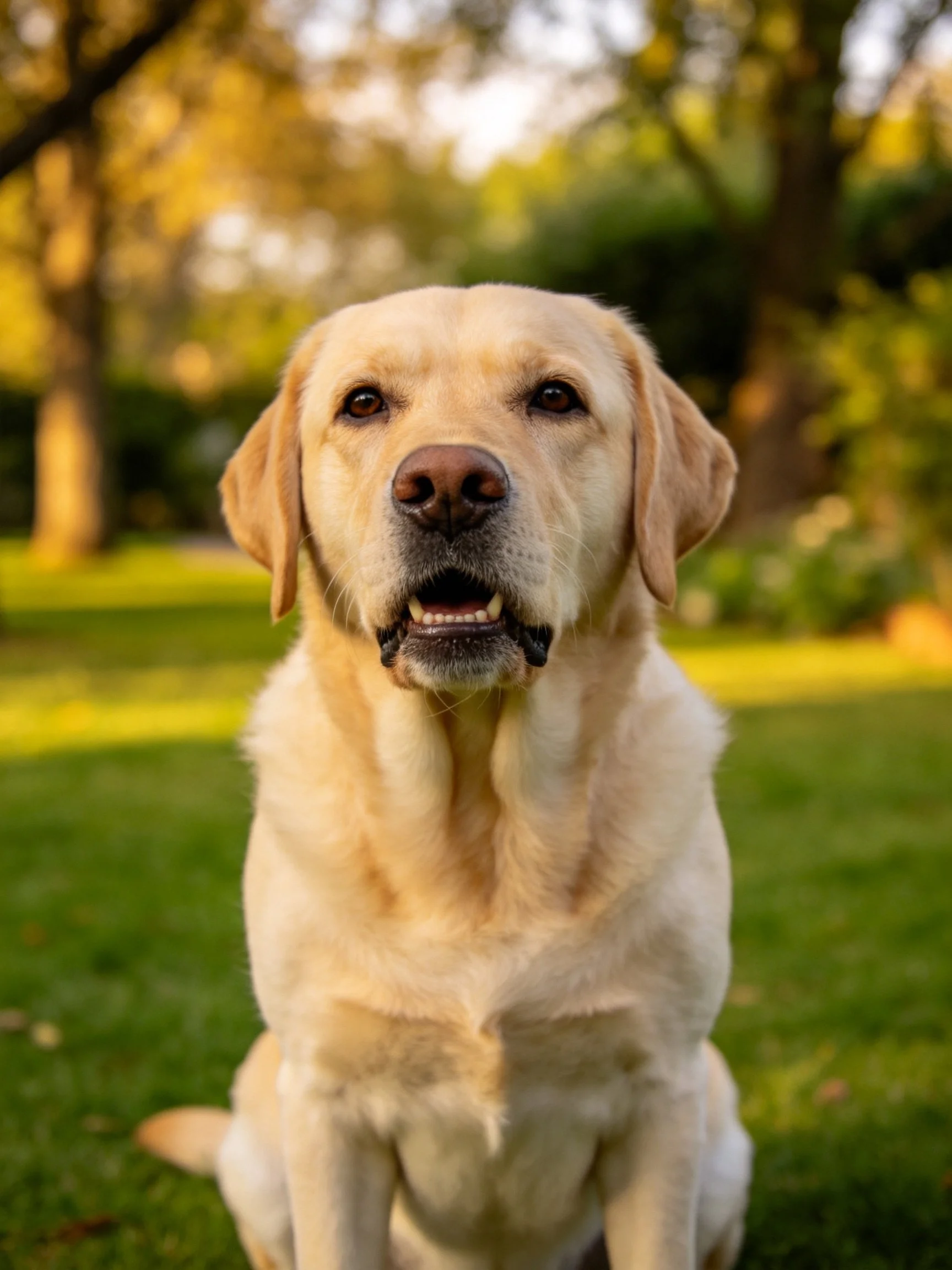Yellow Labrador retriever sits on green grass in sunlit outdoor setting