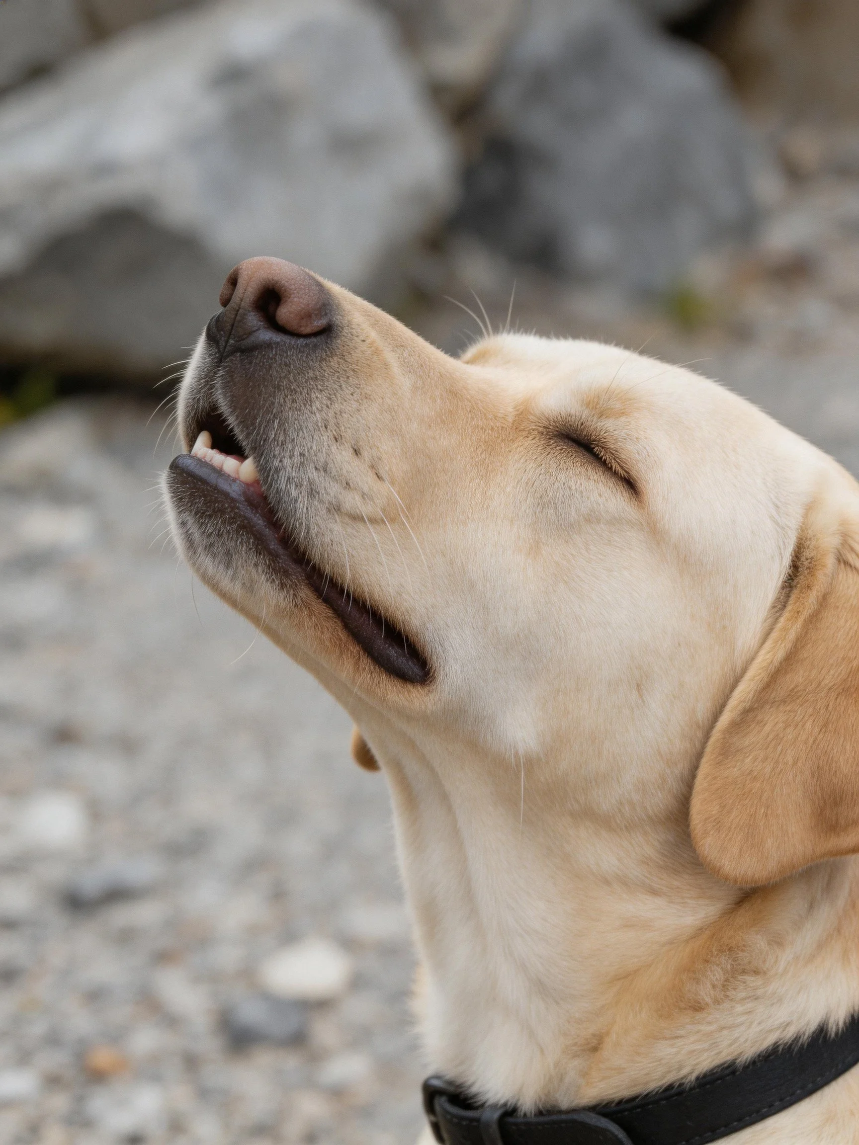 A yellow Labrador retriever relaxes with eyes closed in a rocky outdoor space.