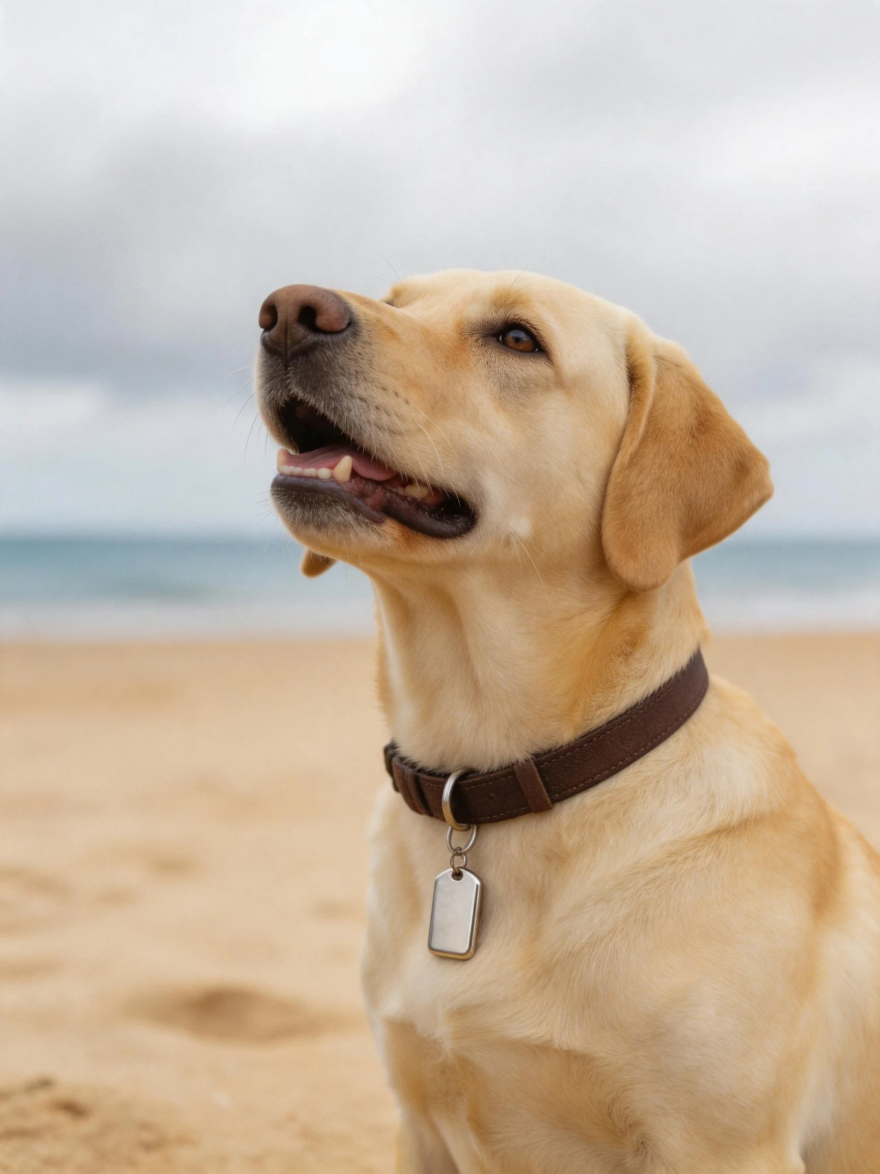 A yellow Labrador sits on a sandy beach with the ocean in the background.