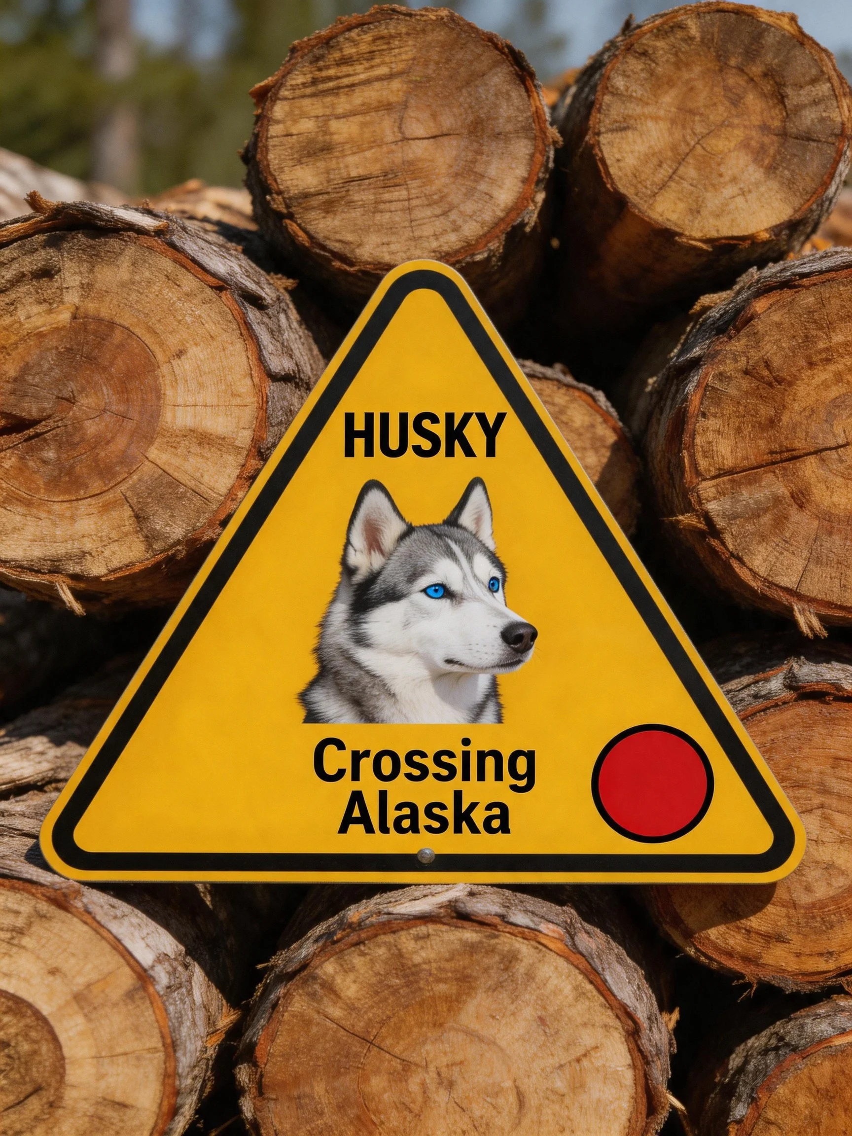 A yellow triangular sign warns of husky crossings beside stacked tree logs.