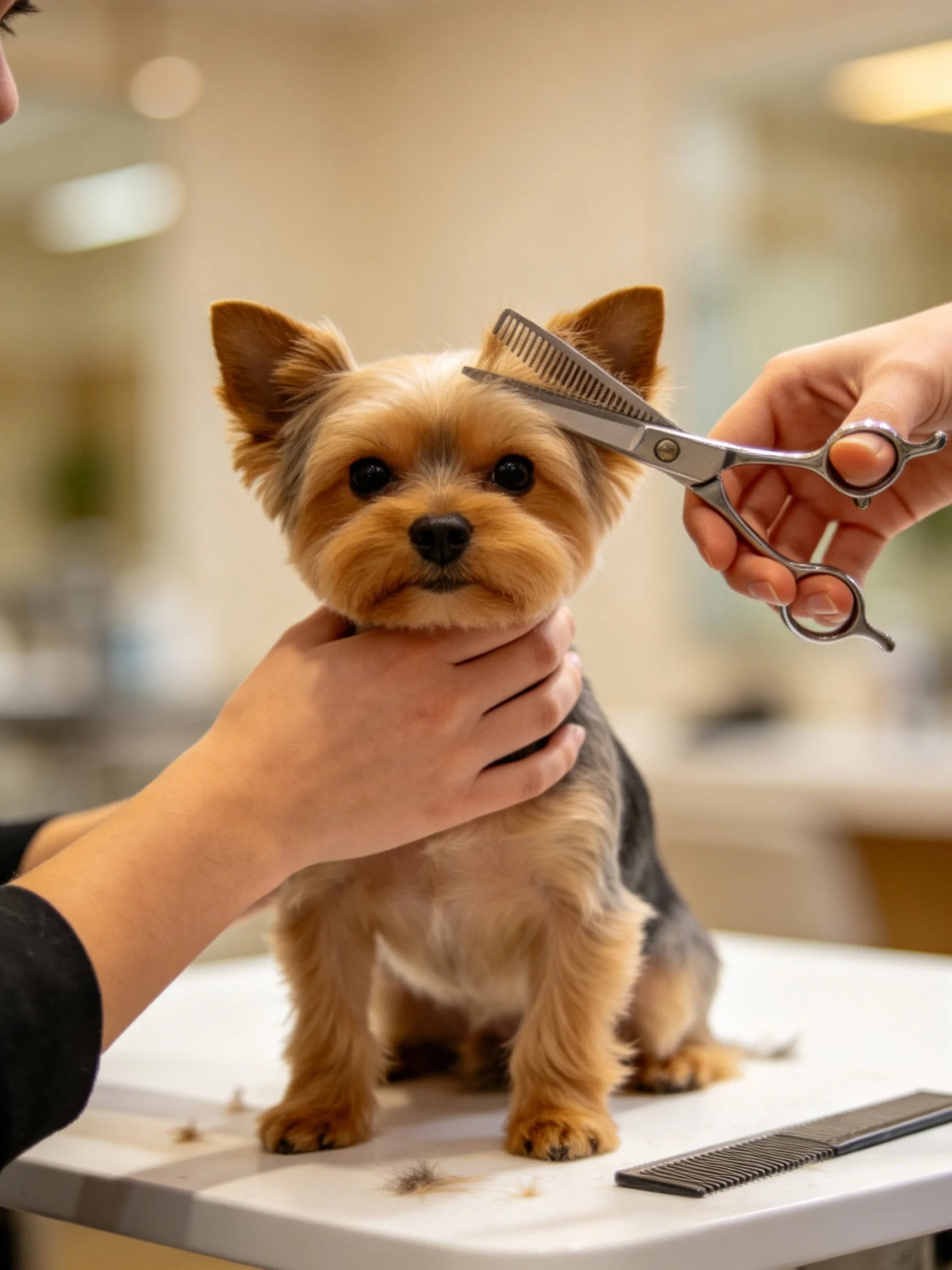 Yorkshire Terrier being groomed with scissors and comb