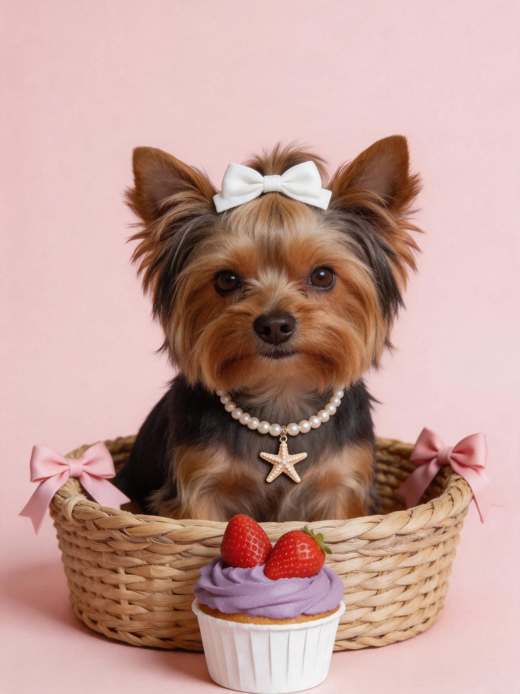 Yorkshire Terrier in wicker basket with pink bows, cupcake, strawberries