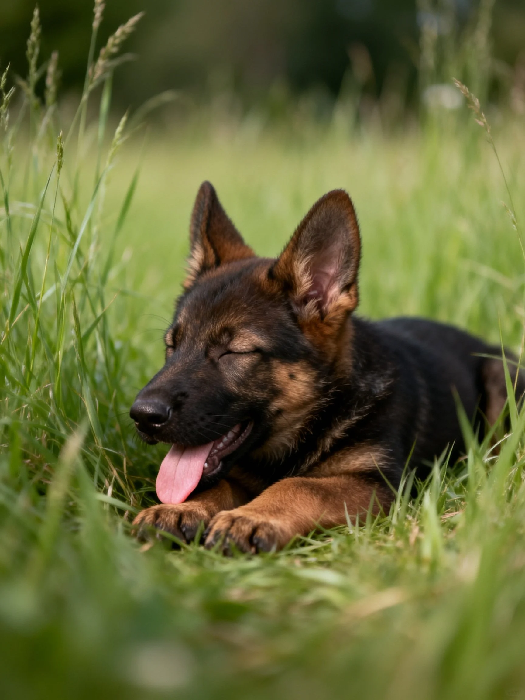 Young German Shepherd puppy resting in tall green grass