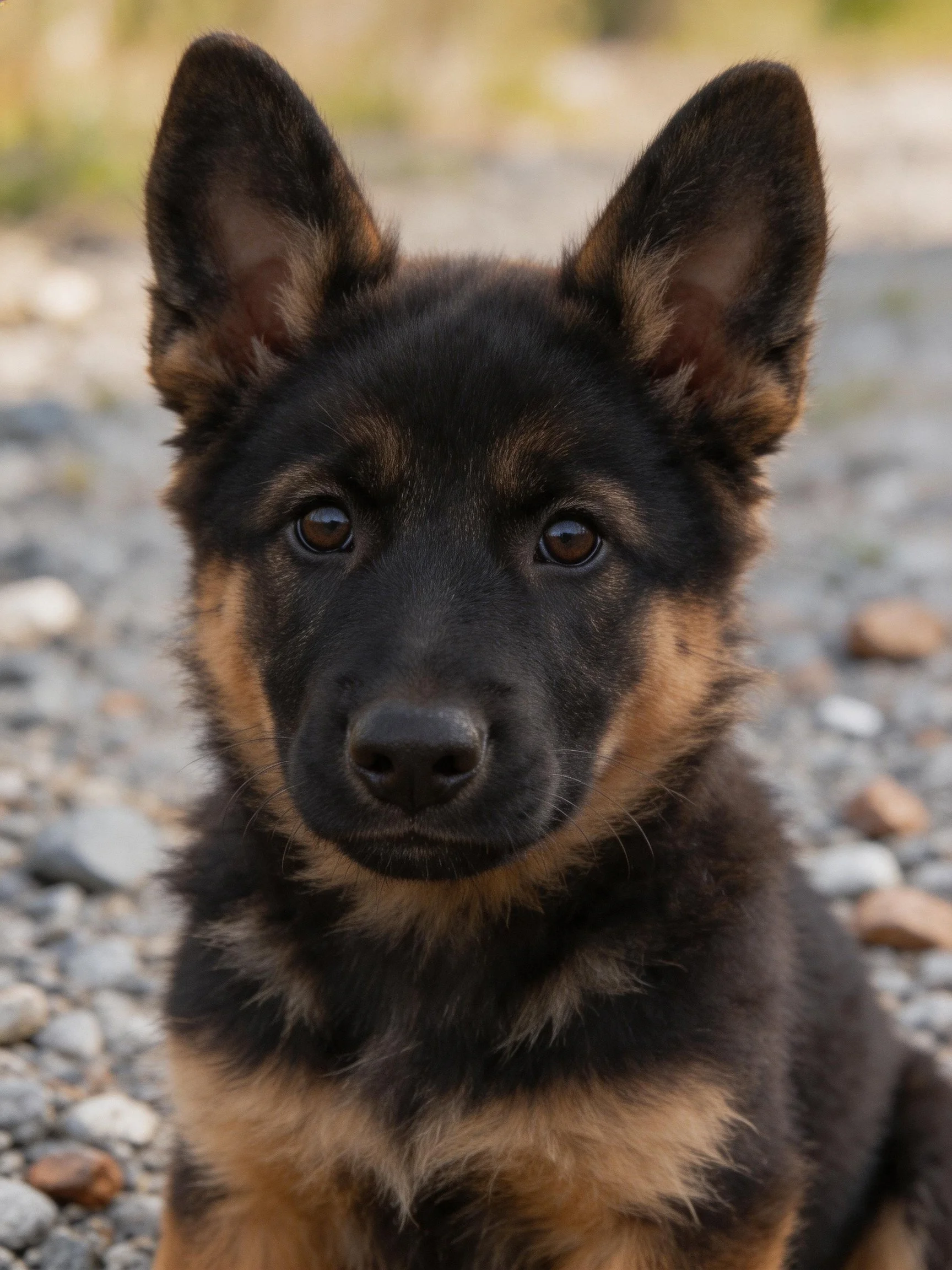 Young German Shepherd puppy with black and tan fur on gravel