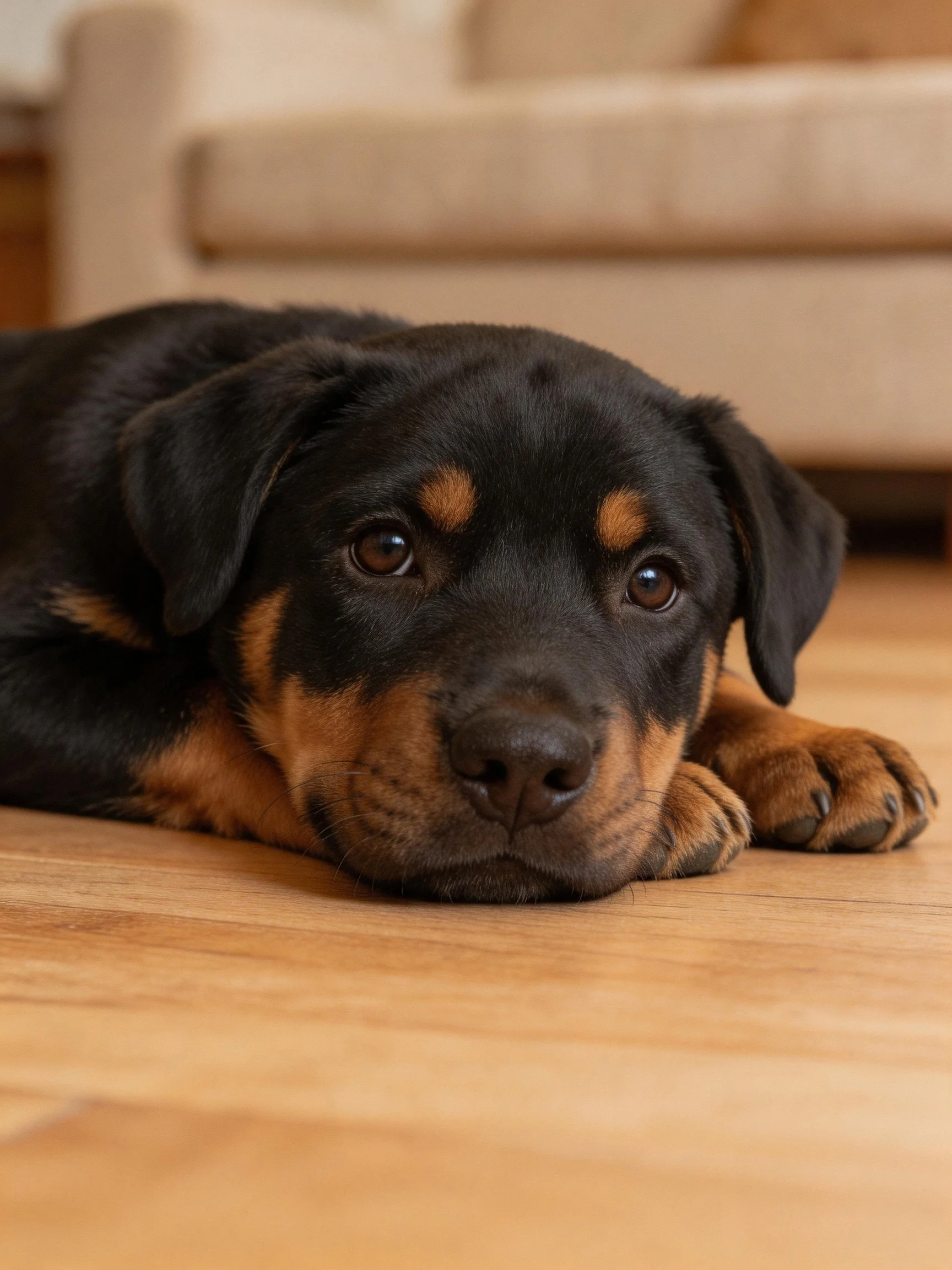 Young black and tan Rottweiler puppy resting on wood floor
