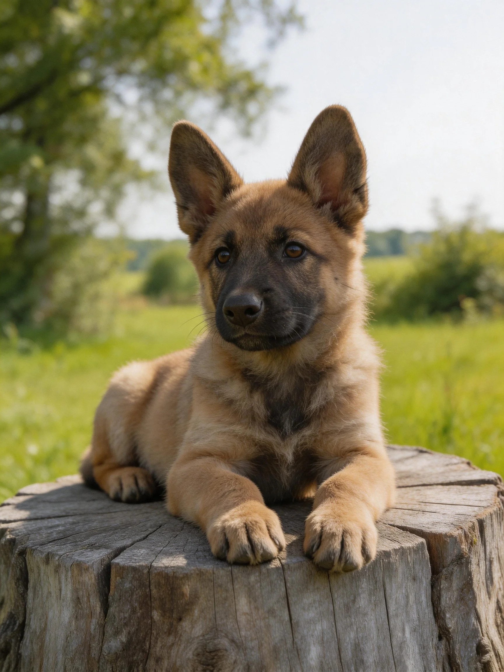Young tan German Shepherd puppy on a weathered tree stump outdoors