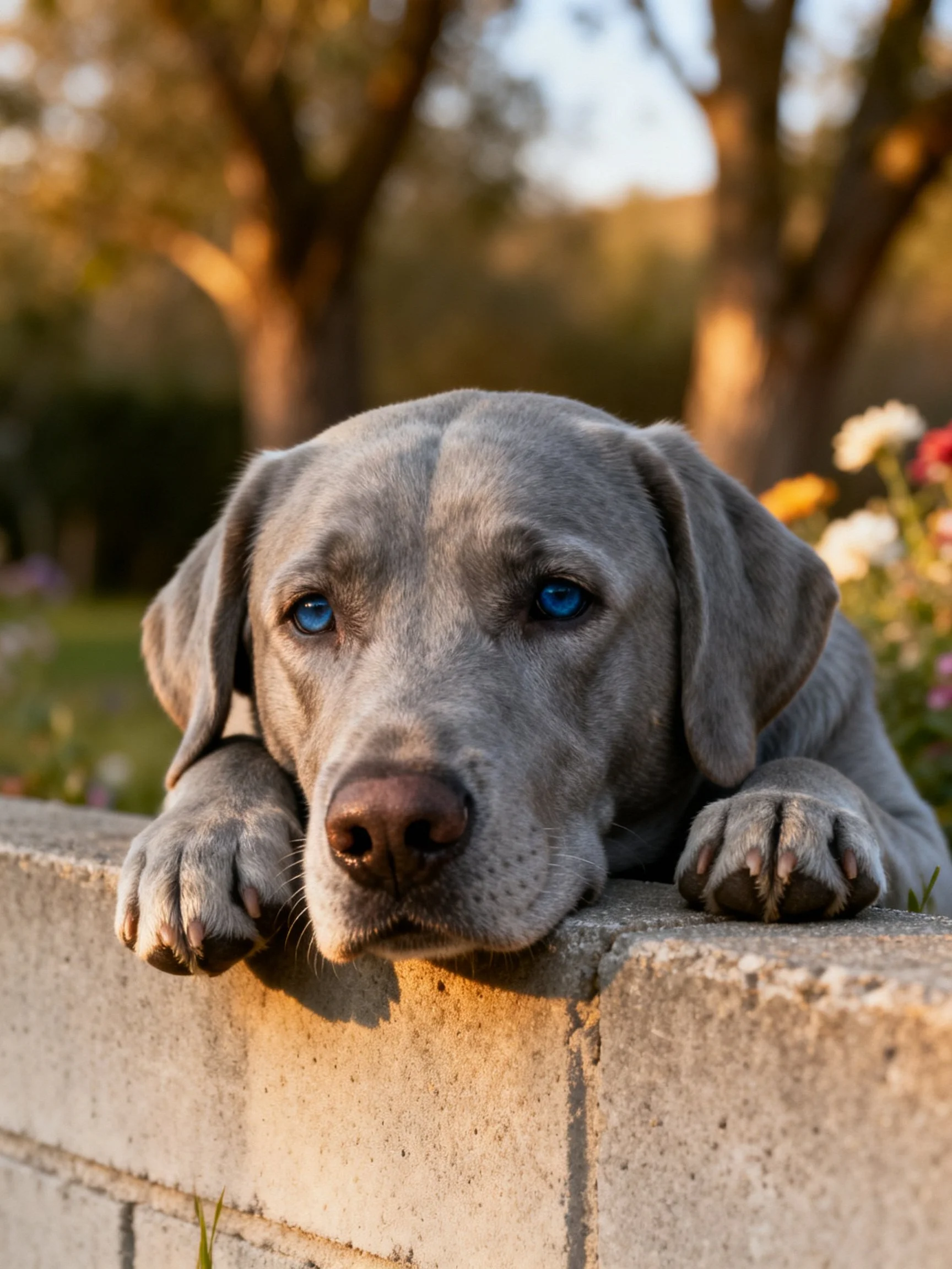 A gray dog with striking blue eyes leans on a concrete wall amid floral surroundings.